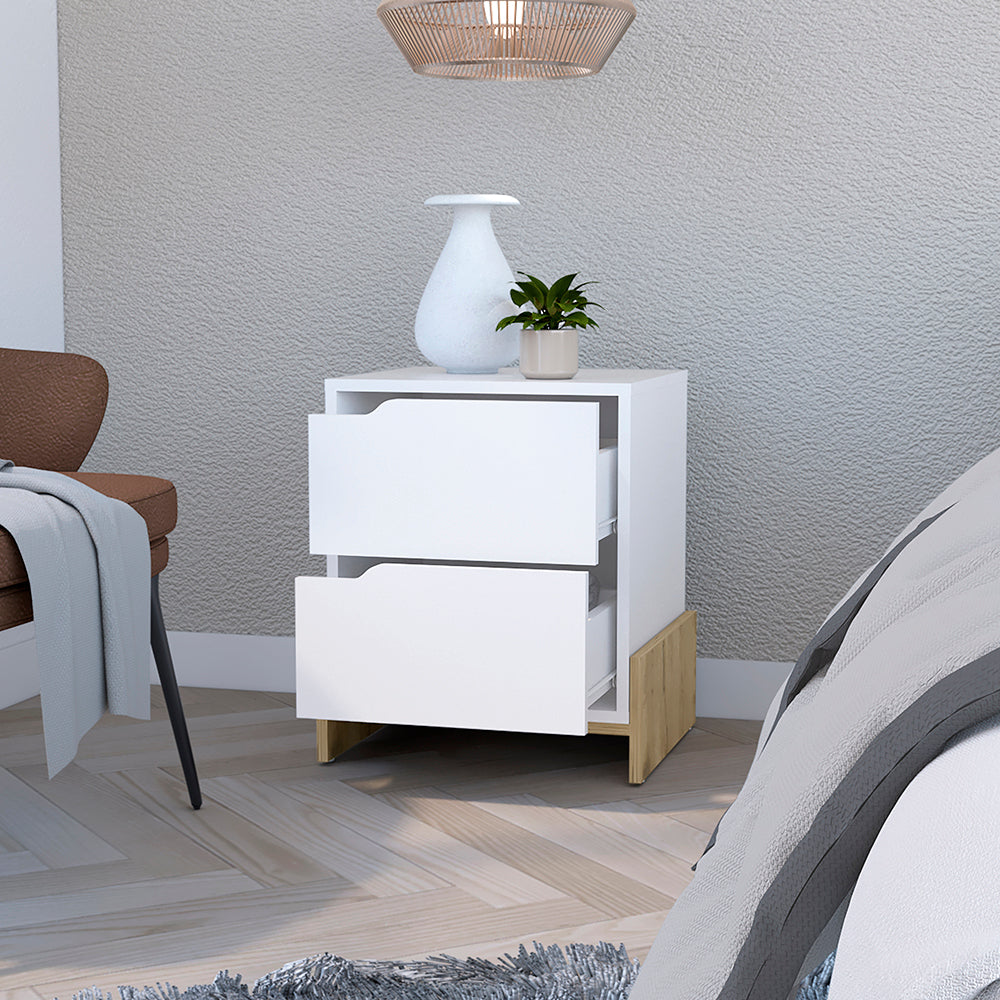 Nightstand Brookland, Bedside Table with Double Drawers and Sturdy Base, White / Macadamia Finish