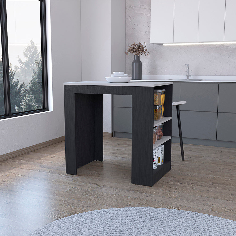 Kitchen Island Doyle, Three Side Shelves, Black Wengue and Ibiza Marble Finish