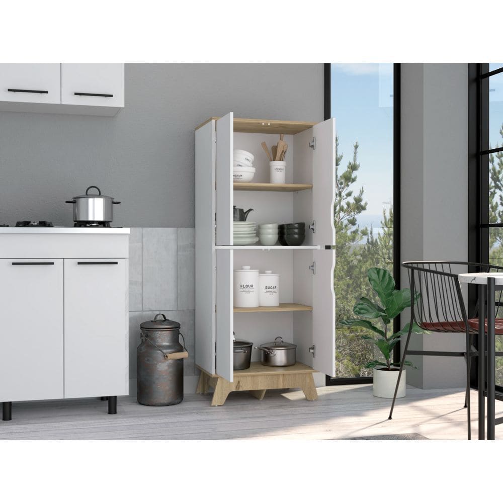 Double Kitchen Pantry Wallas, Double Door, Four Legs, Four Shelves, Light Oak / White Finish