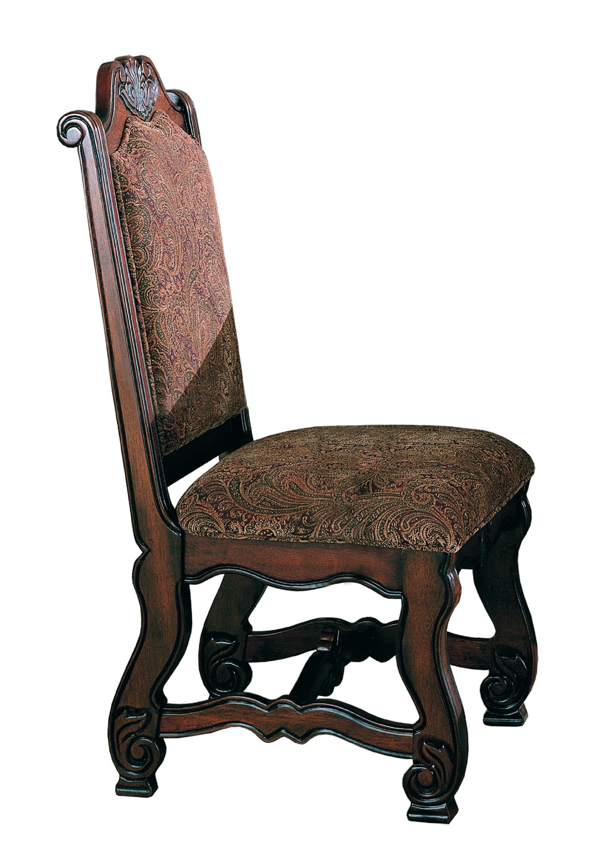 2pc Formal Traditional Dining Side Chair with Upholstered Padded Seat and Back Dining Room Solid Wood Furniture Luscious Brown Finish and Intricate Carved Detail