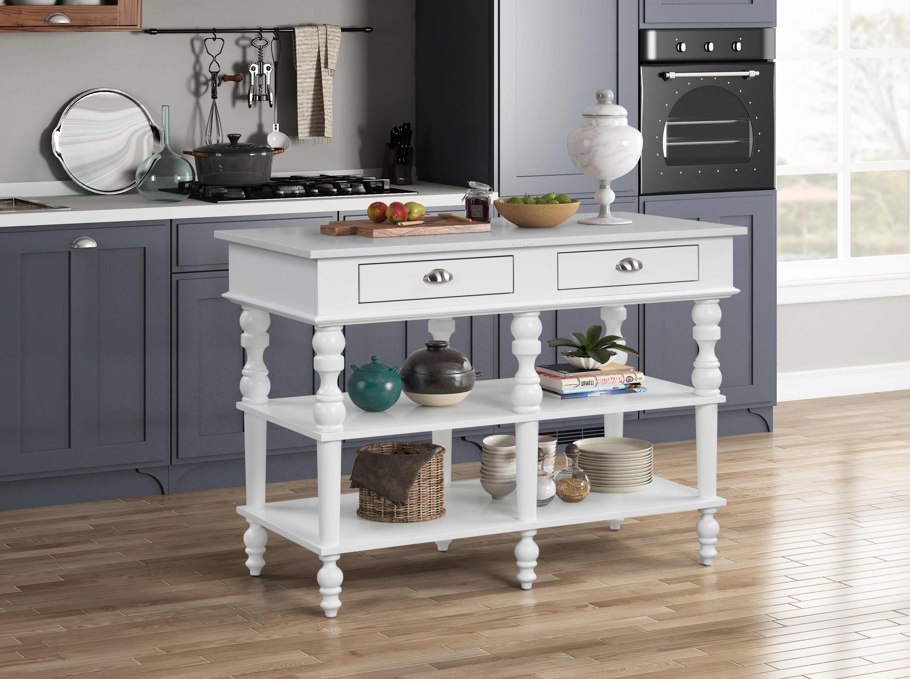 ACME Rorratt Kitchen Island, Marble & White Finish AC00186