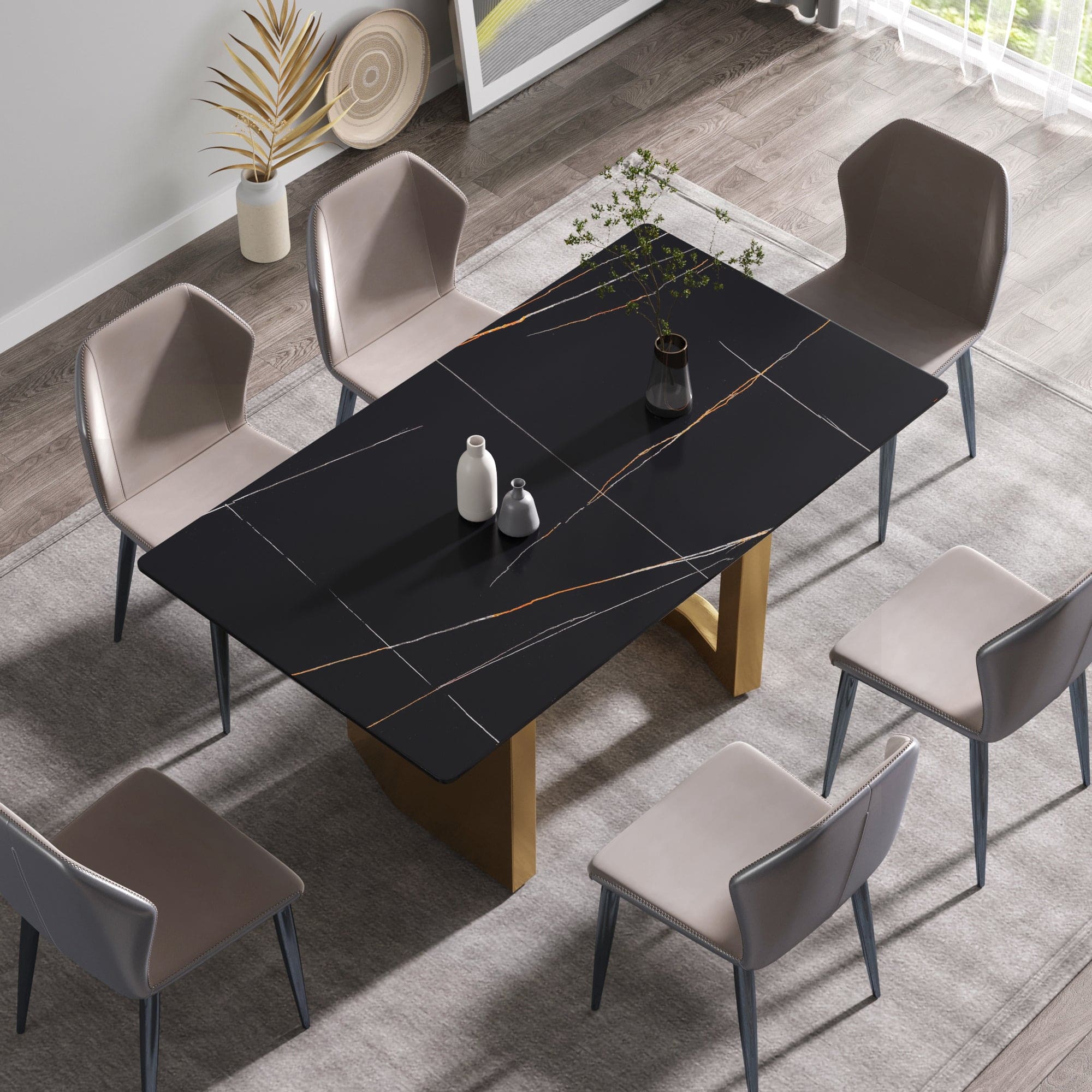 63"Modern artificial stone black straight edge golden metal leg dining table -6 people