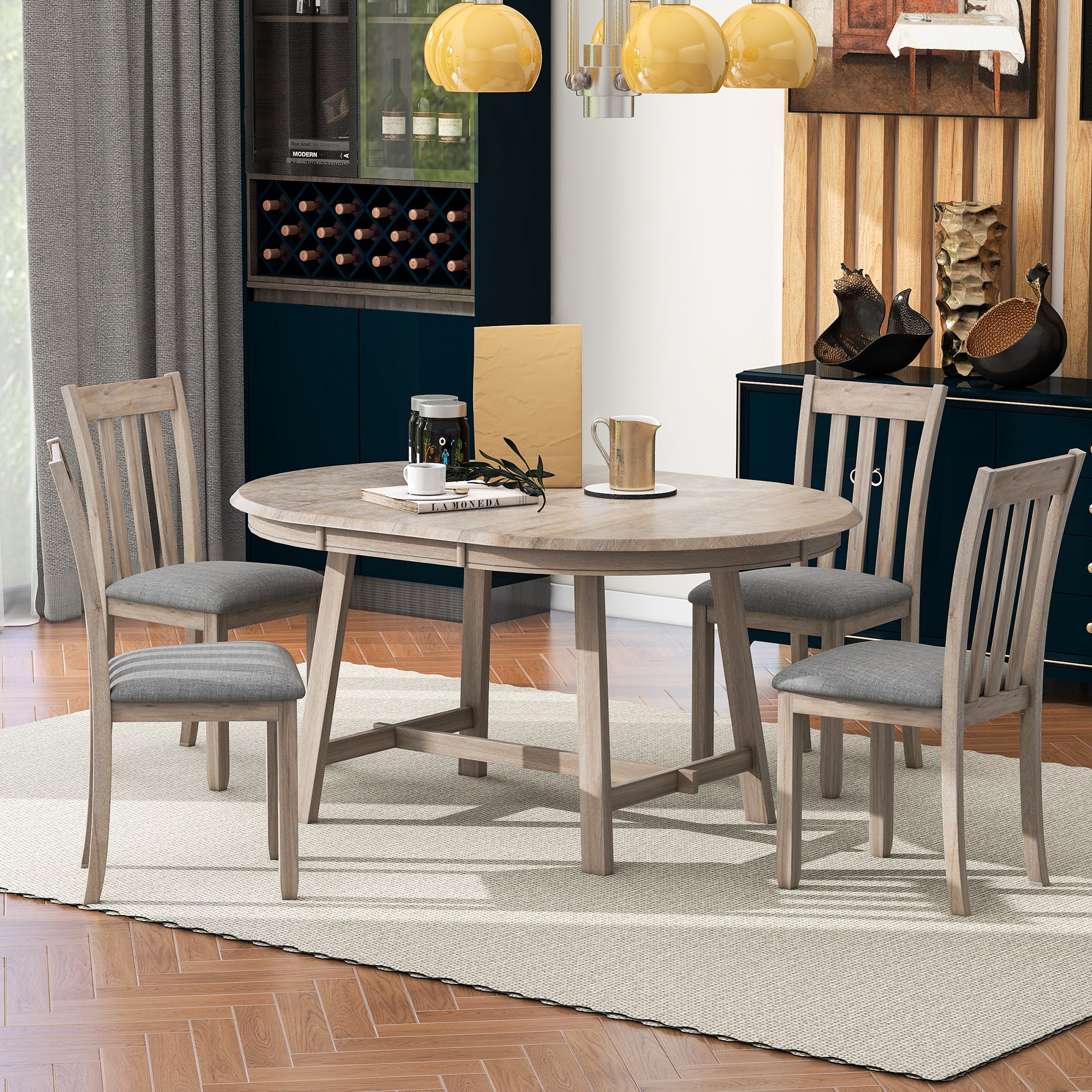 TREXM 5-Piece Wood Dining Table Set Round Extendable Dining Table with 4 Dining Chairs, Dining Room Table Set for 4 person for Dining Room (Natural Wood Wash)