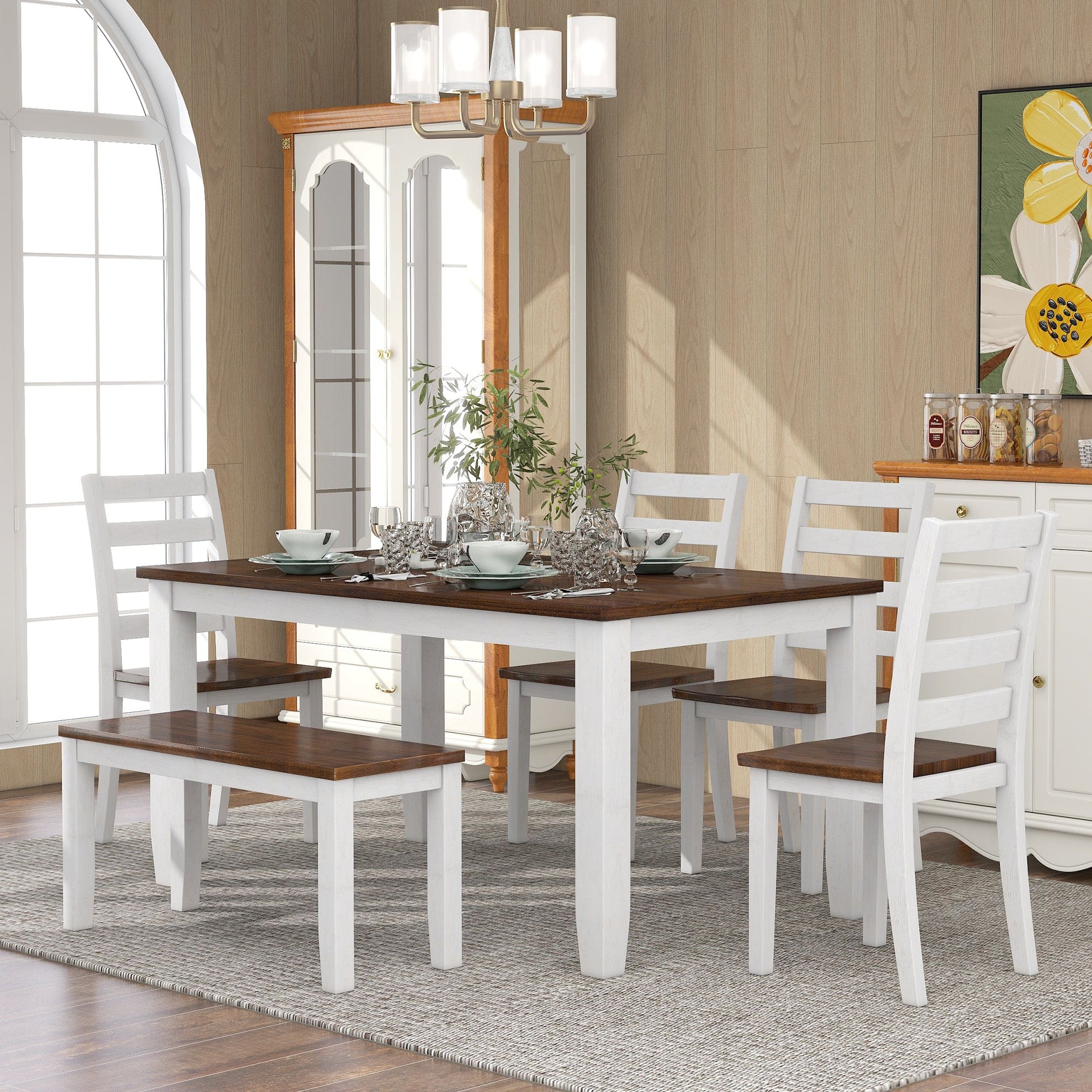 TREXM Rustic Style 6-Piece Dining Room Table Set with 4 Ergonomic Designed Chairs & a Bench (Walnut + Cottage White)