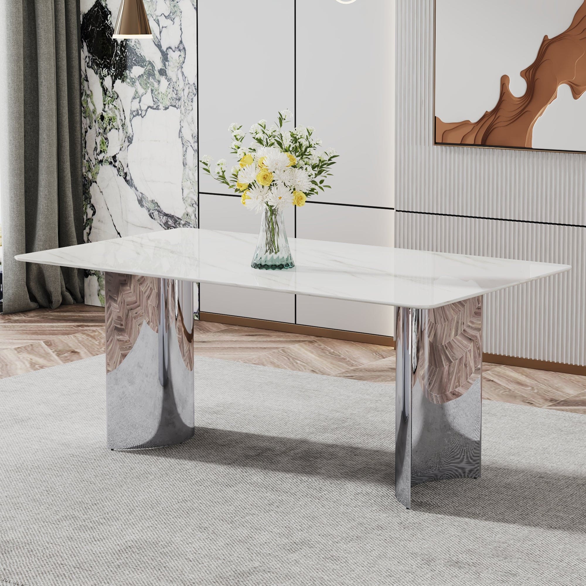 Modern minimalist dining table. The white imitation marble glass desktop is equipped with silver metal legs. Suitable for restaurants and living rooms  71" *39.3" *29.5"  DT-69