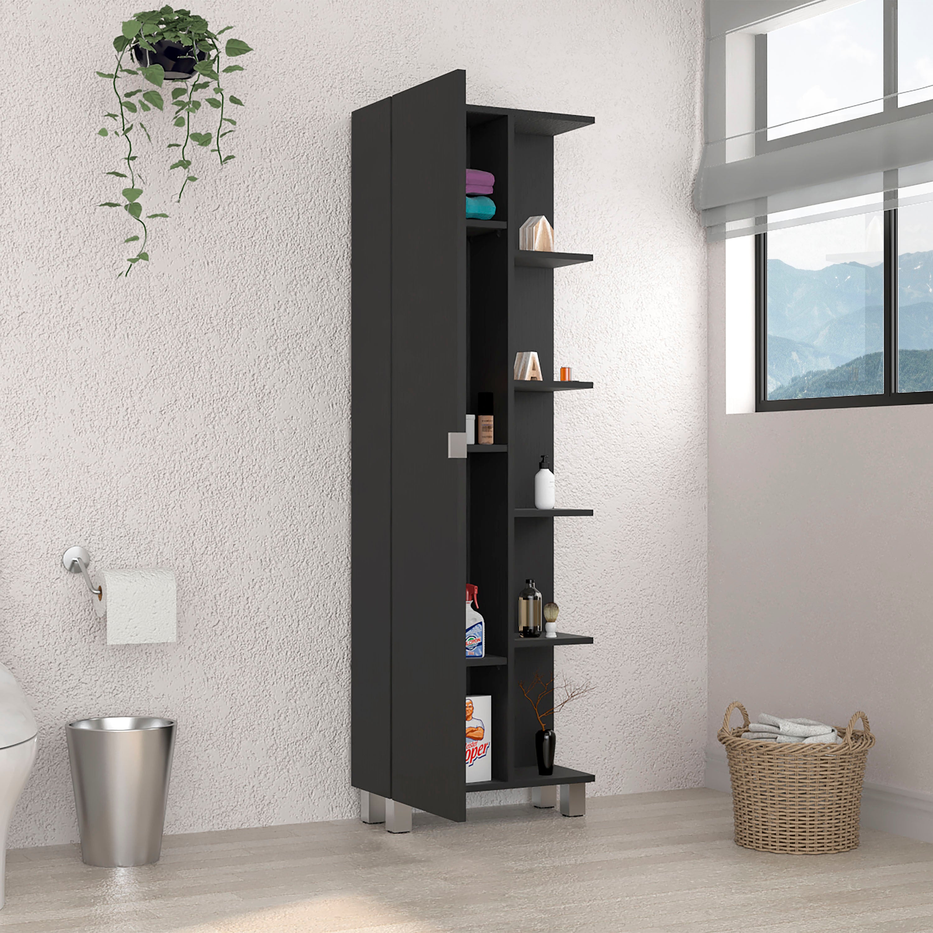 Corner Cabinet Womppi, Five Open Shelves, Single Door, Black Wengue Finish