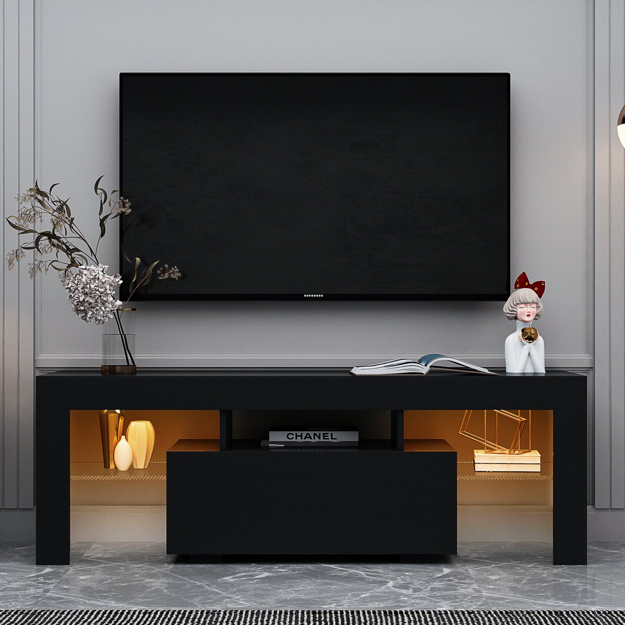 Black TV Stand with LED RGB Lights,Flat Screen TV Cabinet, Gaming Consoles - in Lounge Room, Living Room and Bedroom(Black)