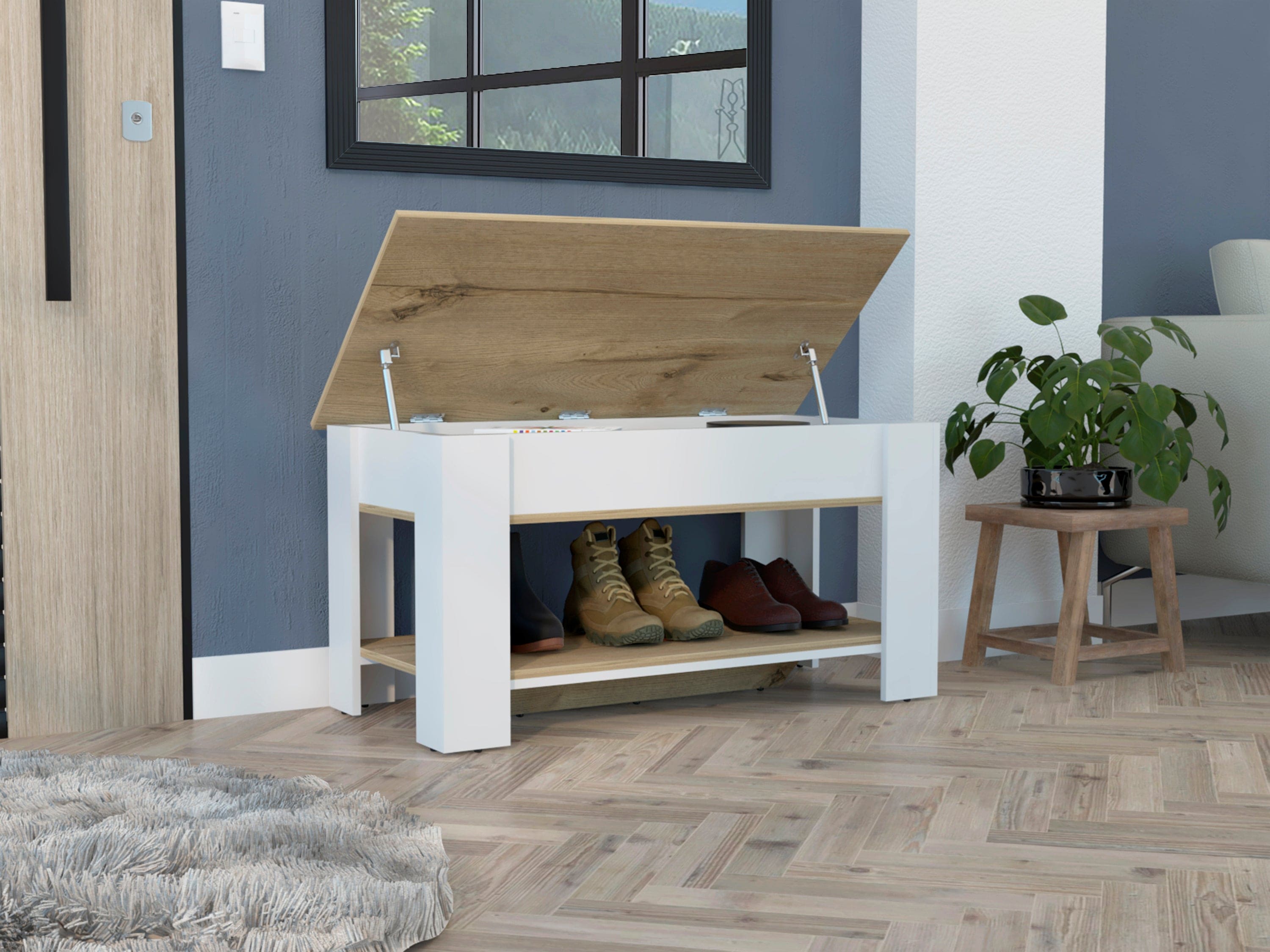 Storage Table Polgon, Extendable Table Shelf, Lower Shelf, Light Oak / White Finish