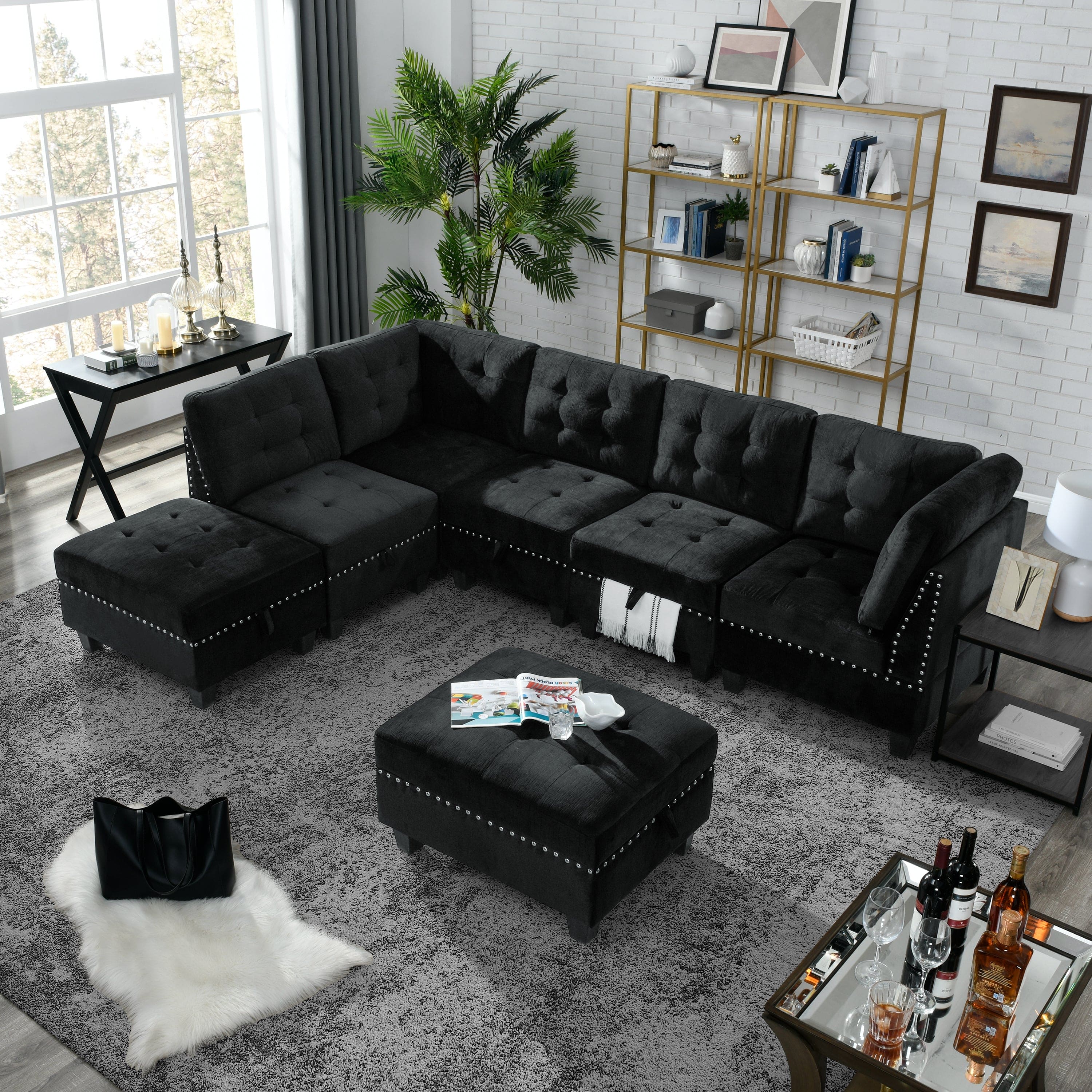 L shape Modular Sectional Sofa,DIY Combination,includes Three Single Chair ,Two Corner and Two Ottoman,Black Velvet.