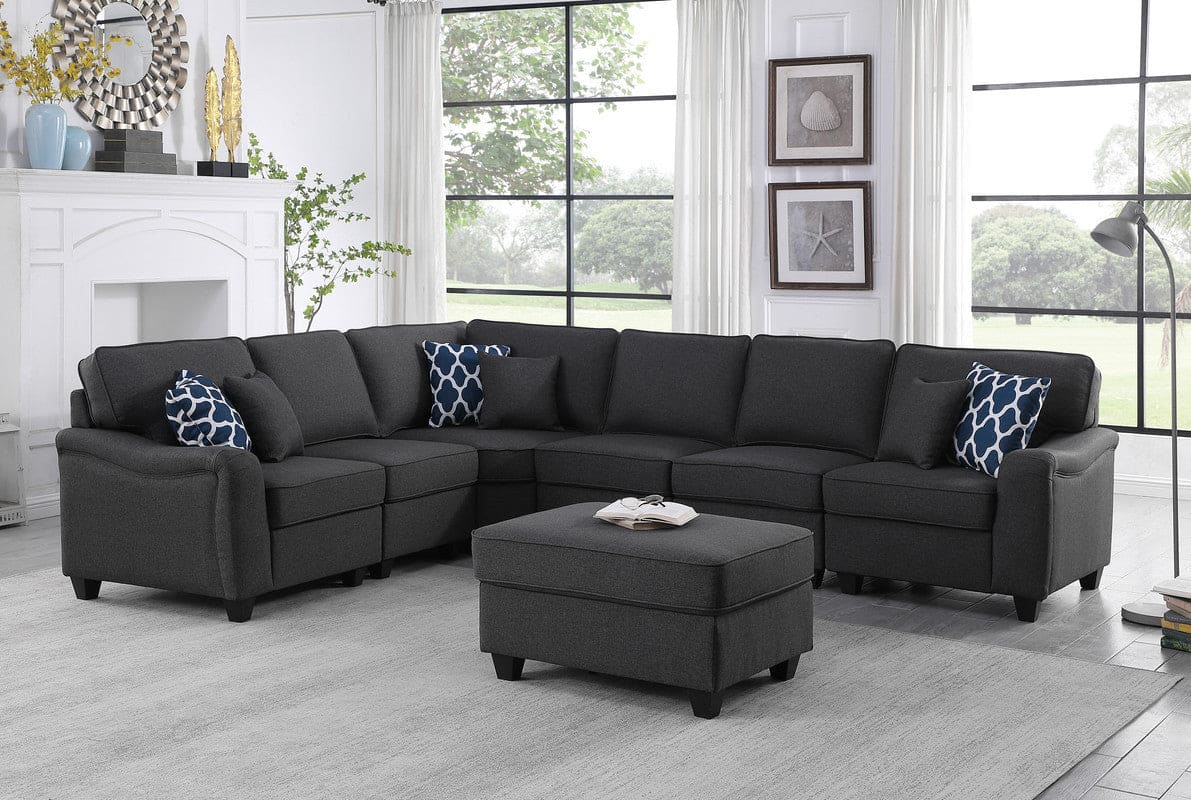 Leo Dark Gray Linen 7Pc Modular L-Shape Sectional Sofa and Ottoman