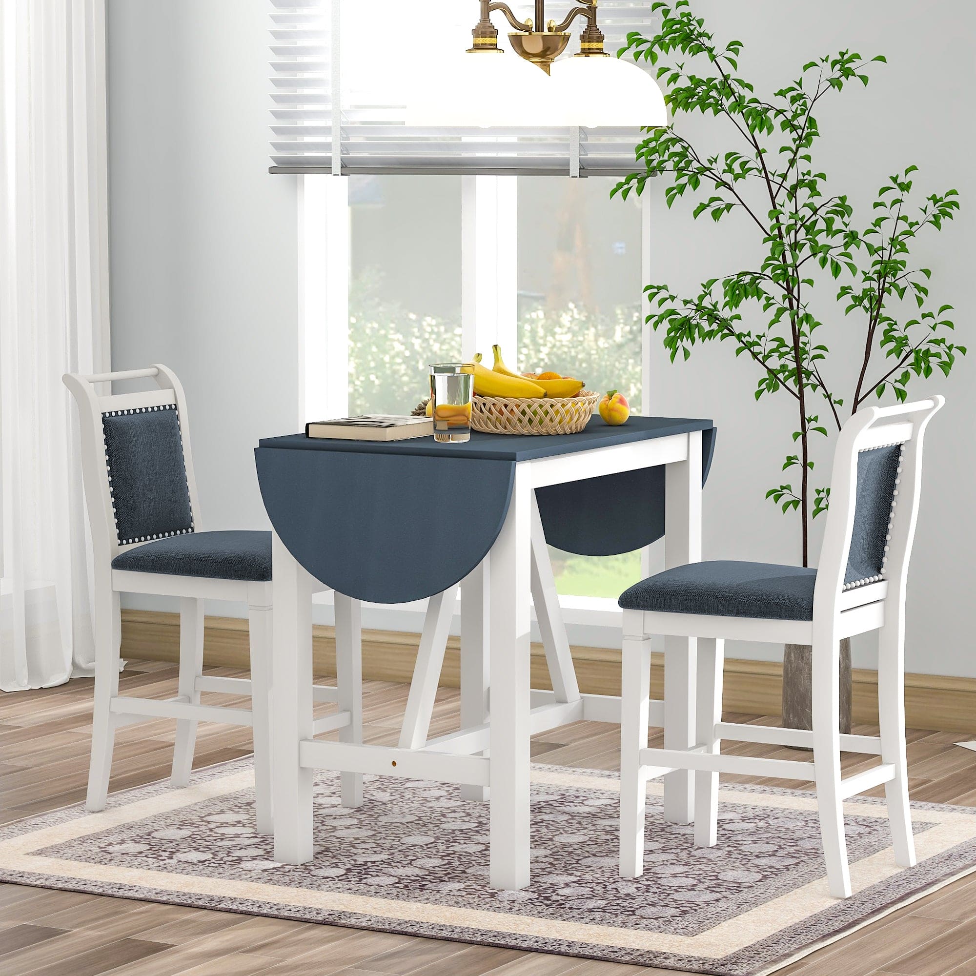 TOPMAX 3-Piece Wood Counter Height Drop Leaf  Dining Table Set with 2 Upholstered Dining Chairs for Small Place, White+Gray