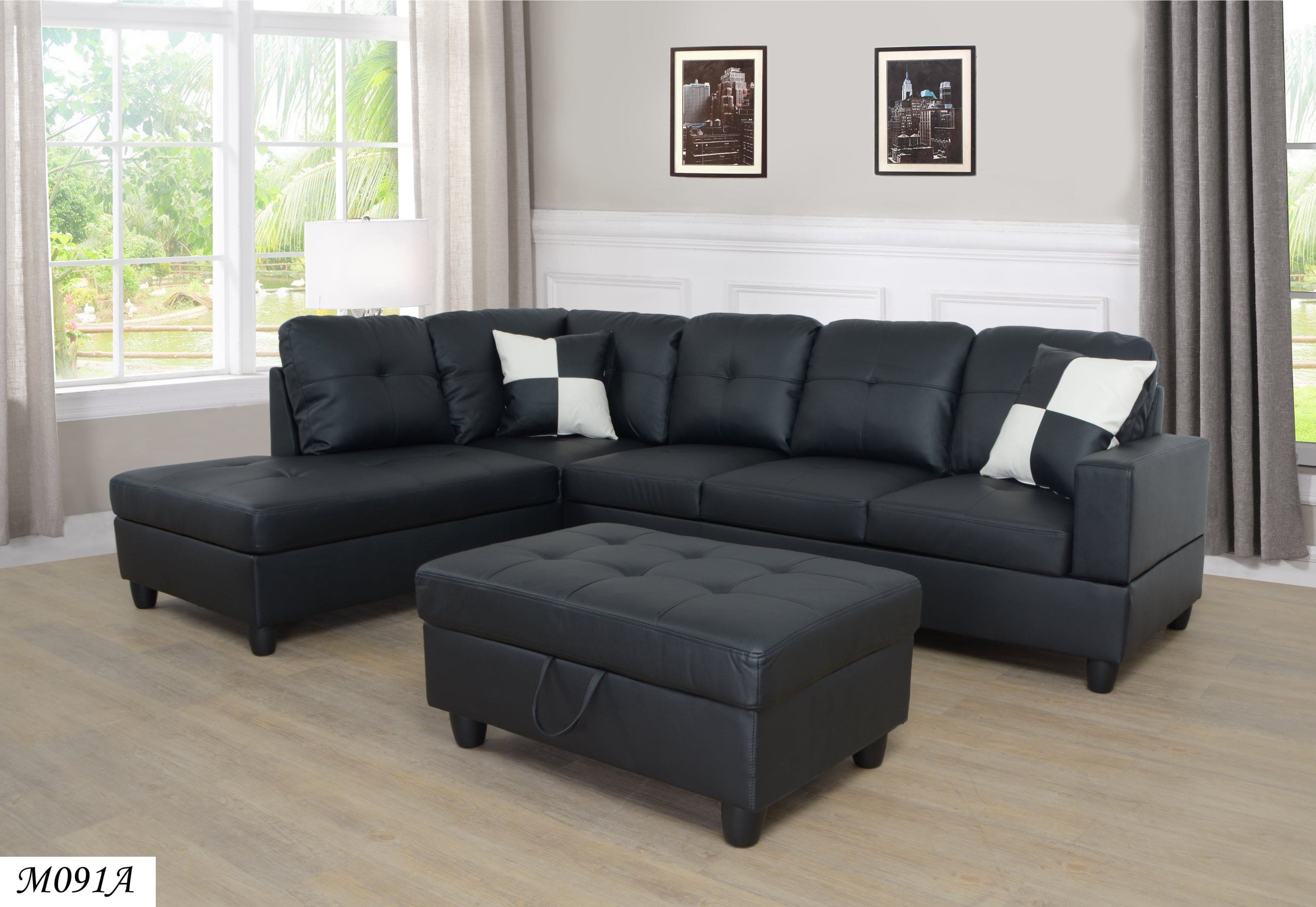 3 Piece Modular Sofa Set, (Black) Faux Leather Right Side Lounger with Free Storage Footrest