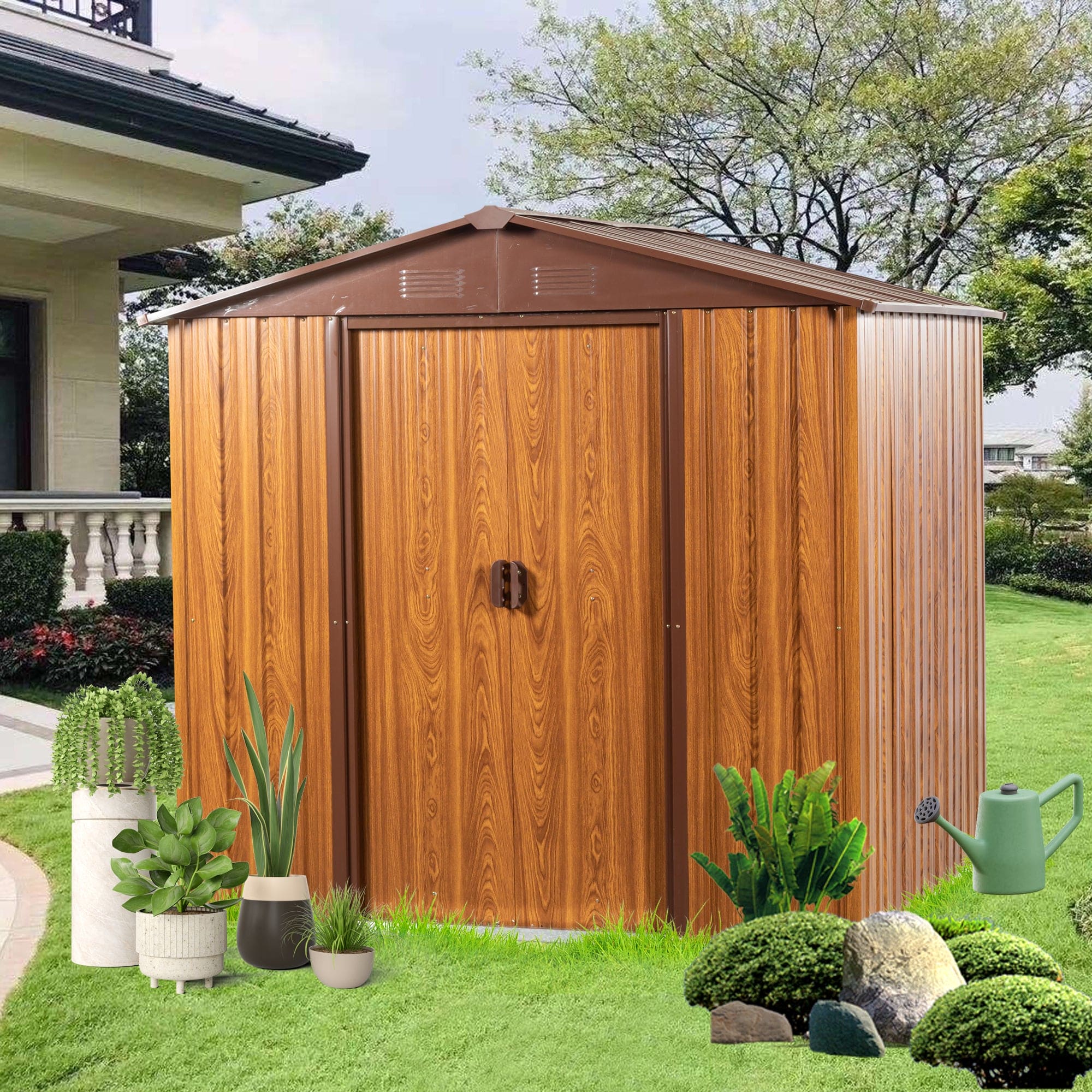 6 Ft. W X 6 Ft. D Metal Storage Shed Appealing horizontal siding  in woodgrain with coffee trim to complement