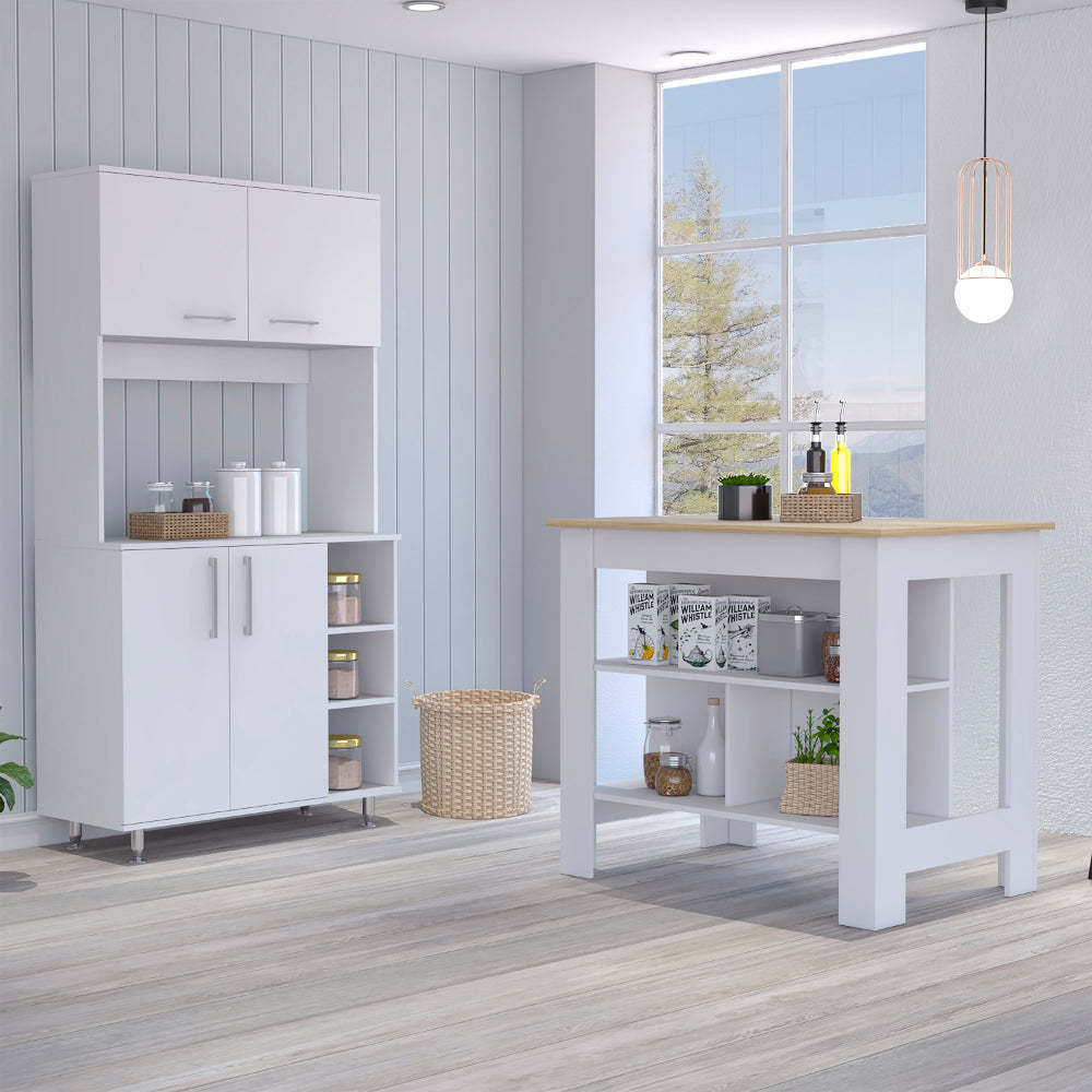 Ralston 7-Shelf 4-Door 2-piece Kitchen Set, Kitchen Island and Pantry Cabinet White and Light Oak