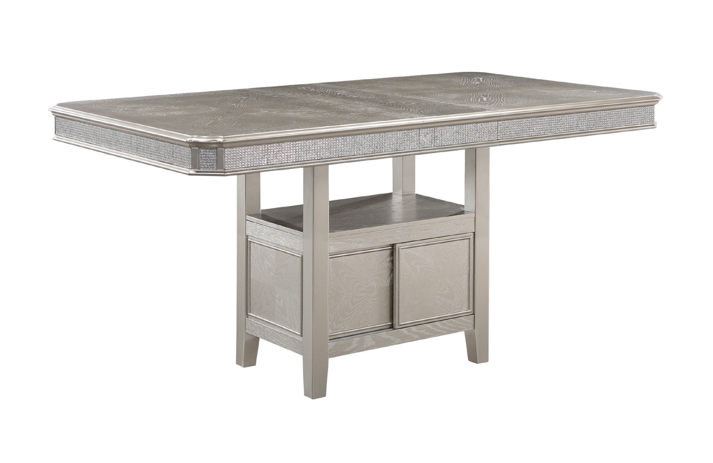 Modern Glam 1pc Counter Height Dining Table Silver Champagne Gray Finish 12" Extension Leaf One Pedestal Shelf with Sparkling Accents Casual Dining Room Wooden Furniture