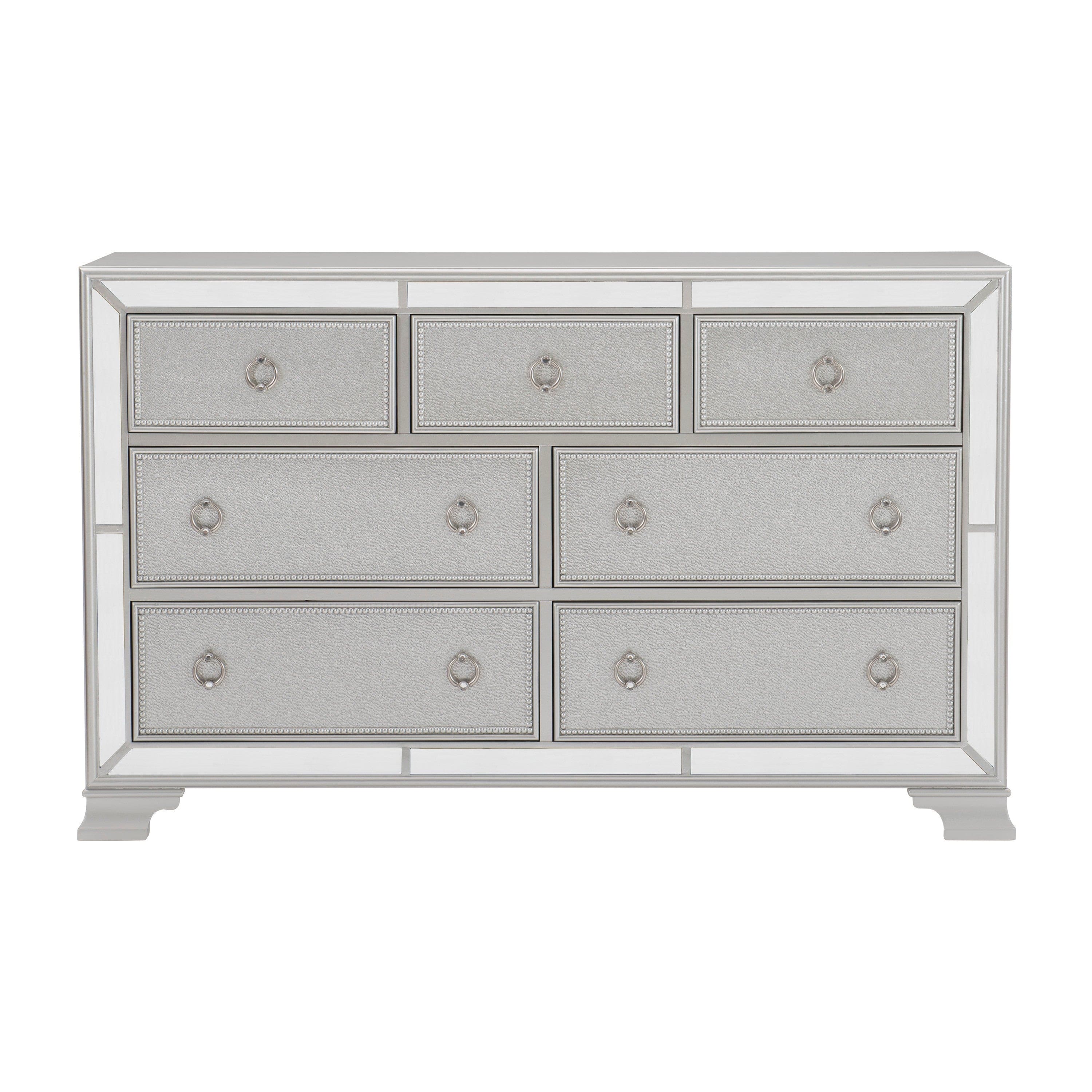 Glamorous Silver Finish Dresser 1pc 7 Drawers Beveled Mirror Trim Modern Bedroom Furniture