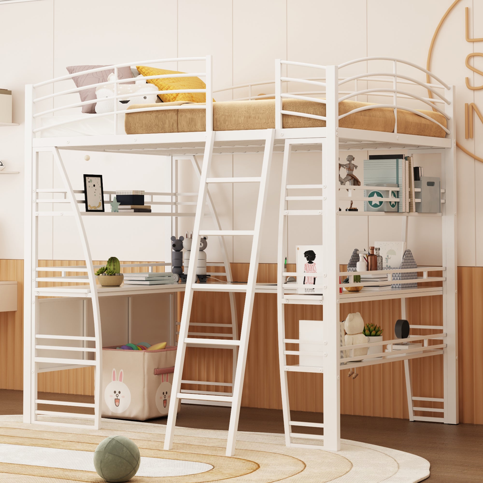 Full Size Loft Bed with 4 Layers of Shelves and L-shaped Desk, Stylish Metal Frame Bed with a set of Sockets, USB Ports and and Wireless Charging, White