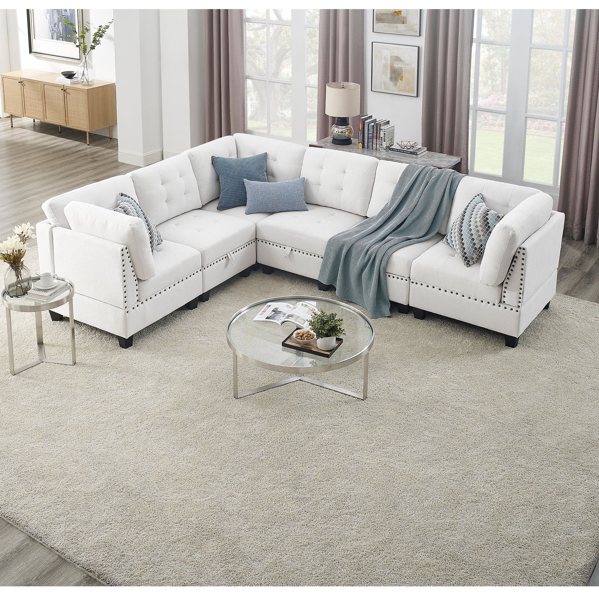 L shape Modular Sectional Sofa,DIY Combination,includes Three Single Chair and Three Corner ,Ivory Chenille