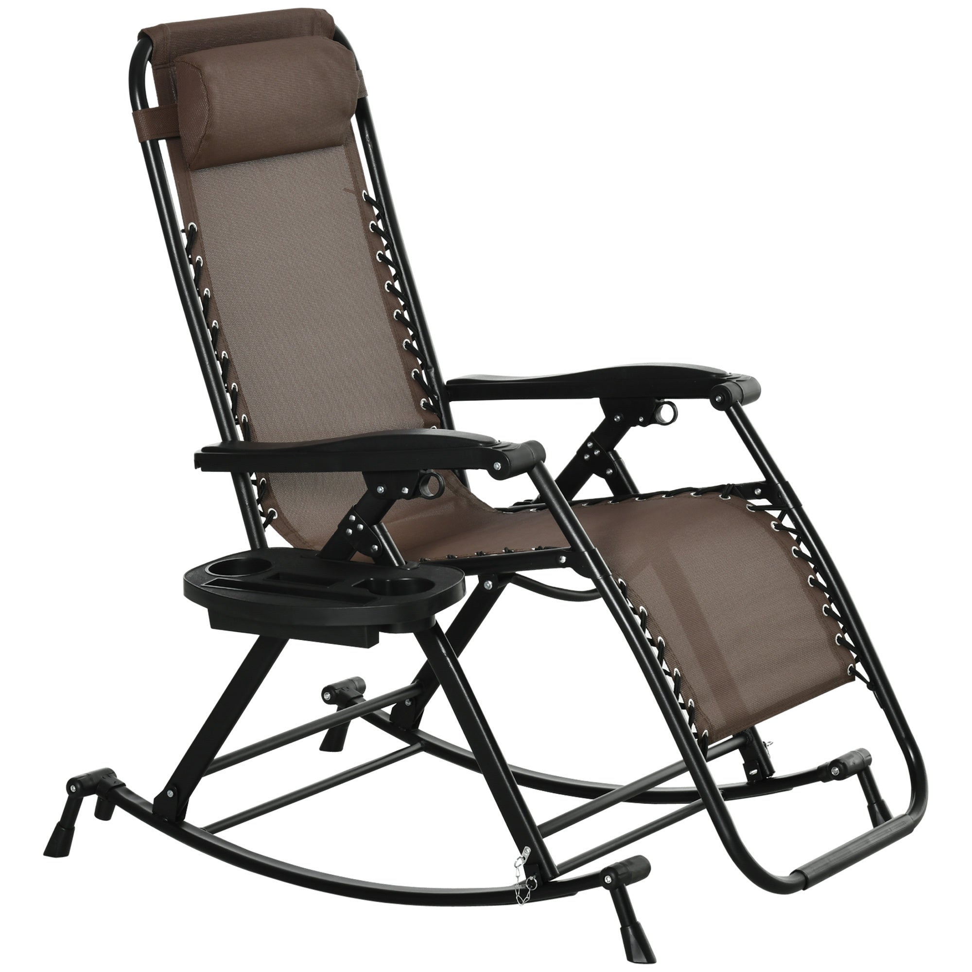 Outsunny Outdoor Rocking Chairs, Foldable Reclining Zero Gravity Lounge Rocker w/ Pillow, Cup & Phone Holder, Combo Design w/ Folding Legs, Brown