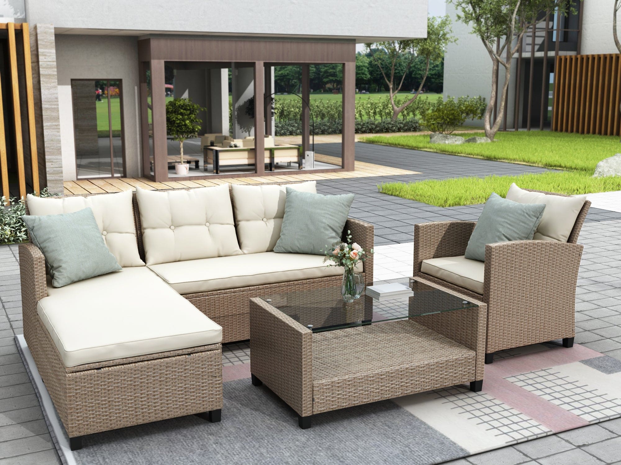 U_STYLE Outdoor, Patio Furniture Sets, 4 Piece Conversation Set Wicker Ratten Sectional Sofa with Seat Cushions(Beige Brown)