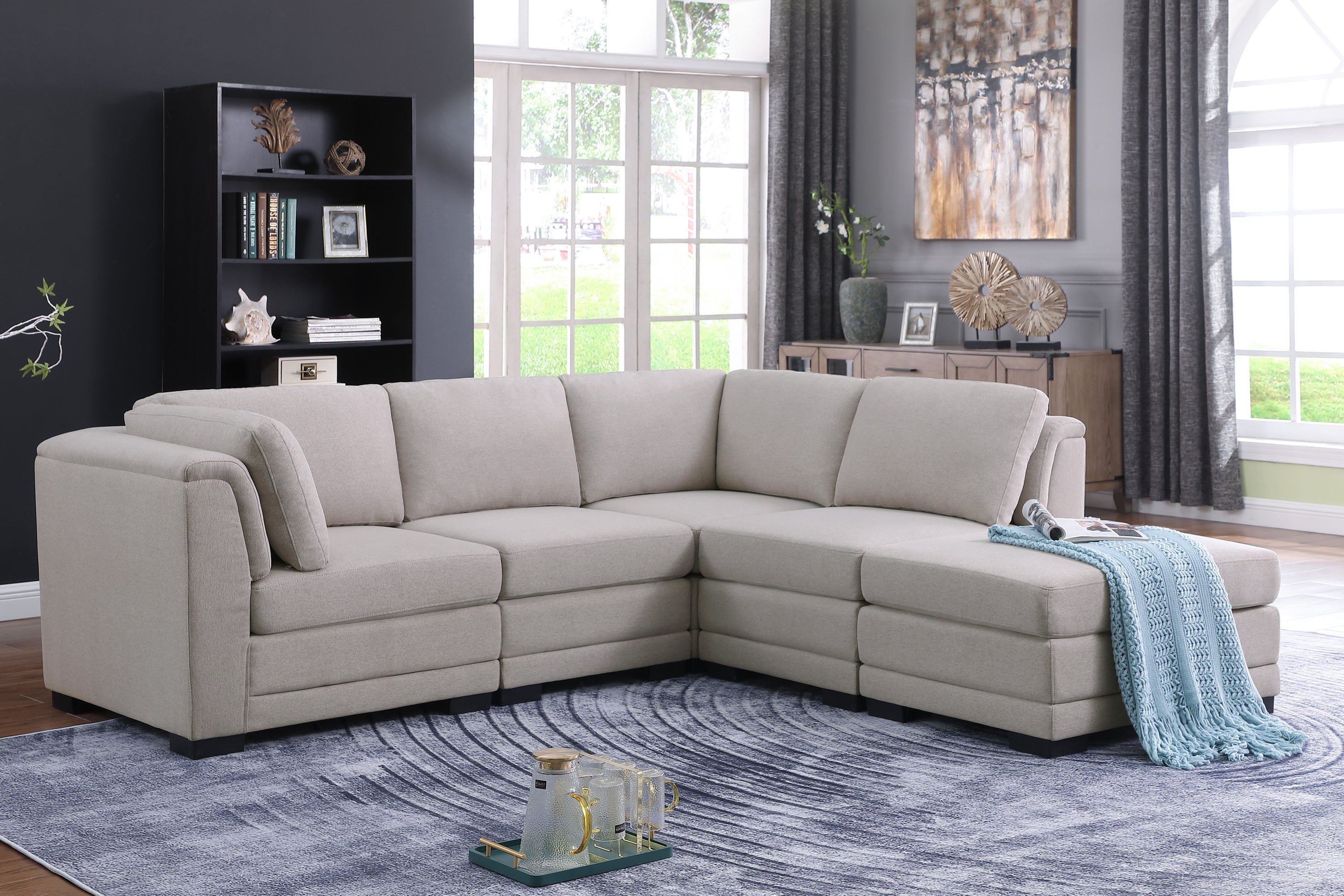 Kristin Light Gray Linen Fabric Reversible Sectional Sofa with Ottoman