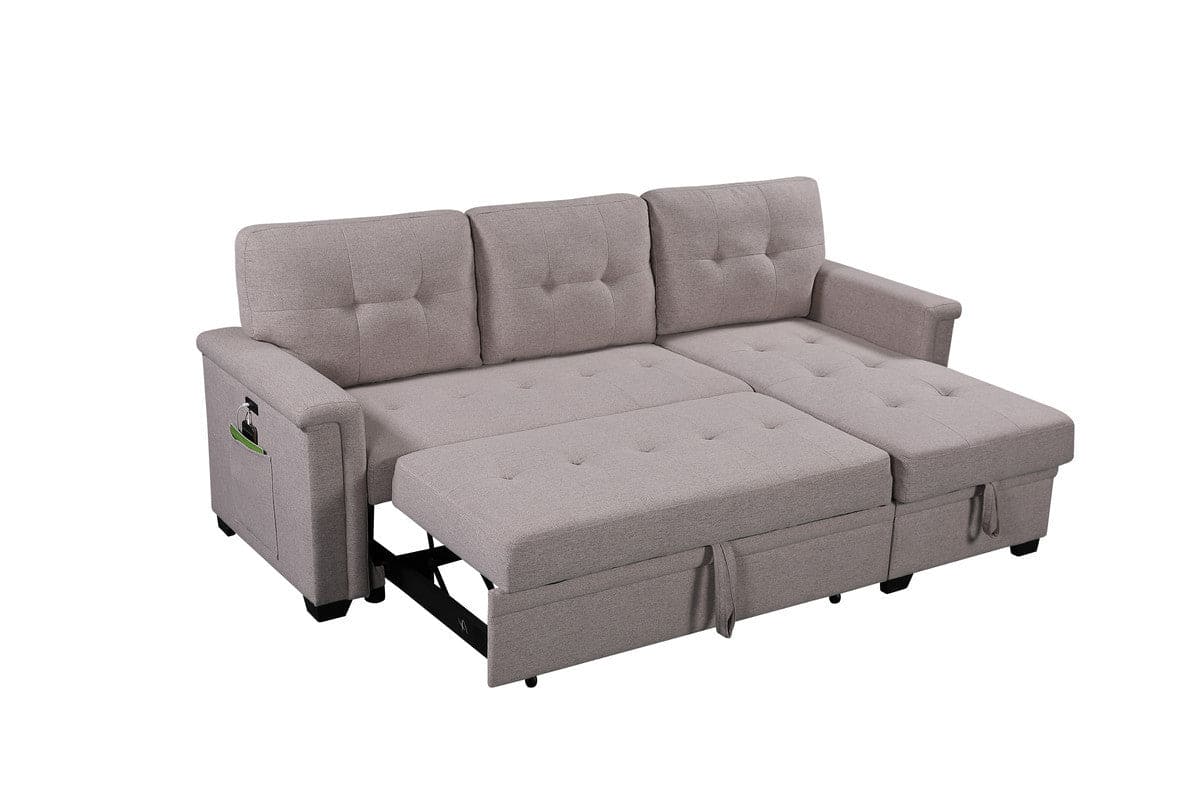 Nathan Light Gray Reversible Sleeper Sectional Sofa with Storage Chaise, USB Charging Ports and Pocket