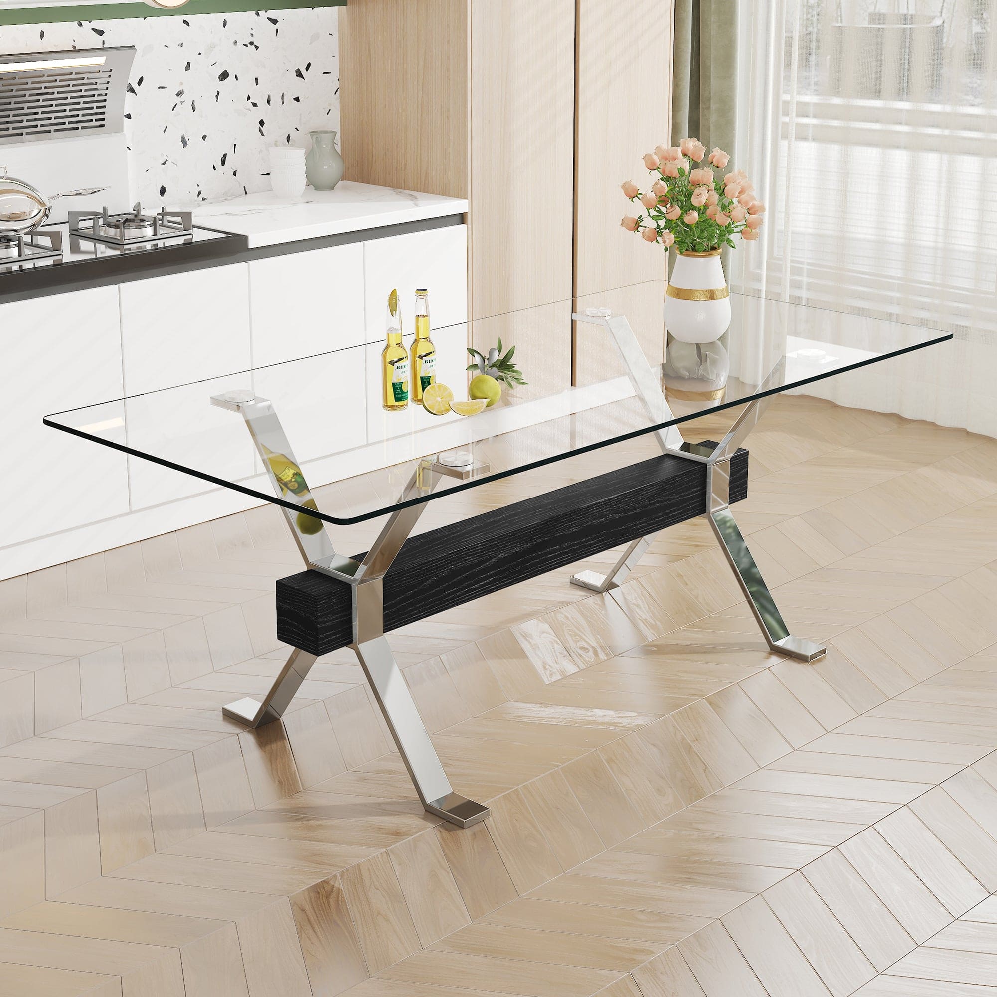 Dining table. Modern tempered glass dining table. Large modern office desk with silver plated metal legs and MDF crossbars, suitable for both home and office use. Kitchen. 79 ''x39''x30 '' 1105