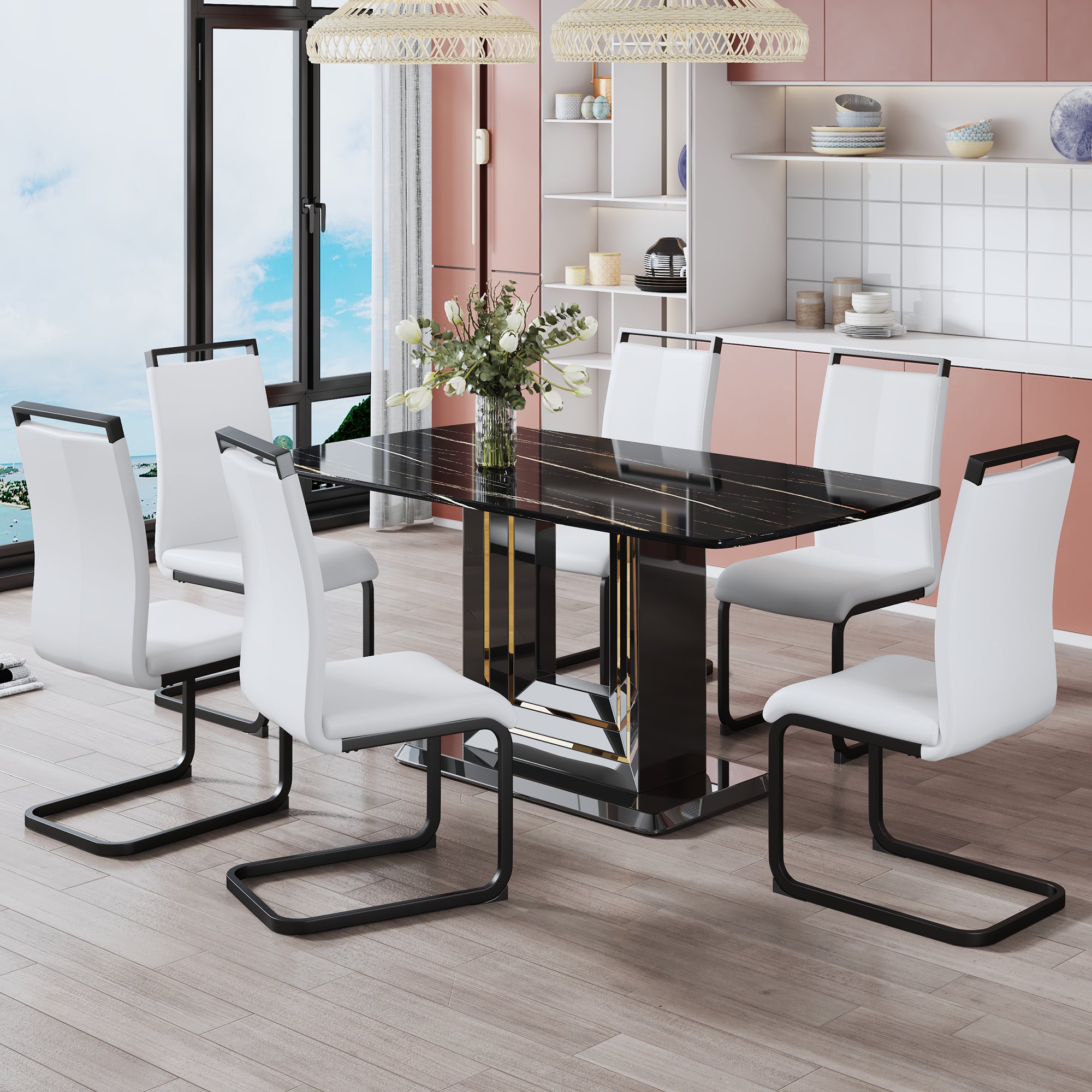 A table and six chairs. The table features a black imitation marble pattern tabletop and black gold MDF legs. The chair has a white PU backrest cushion and black metal legs. F-SQ  C-1162