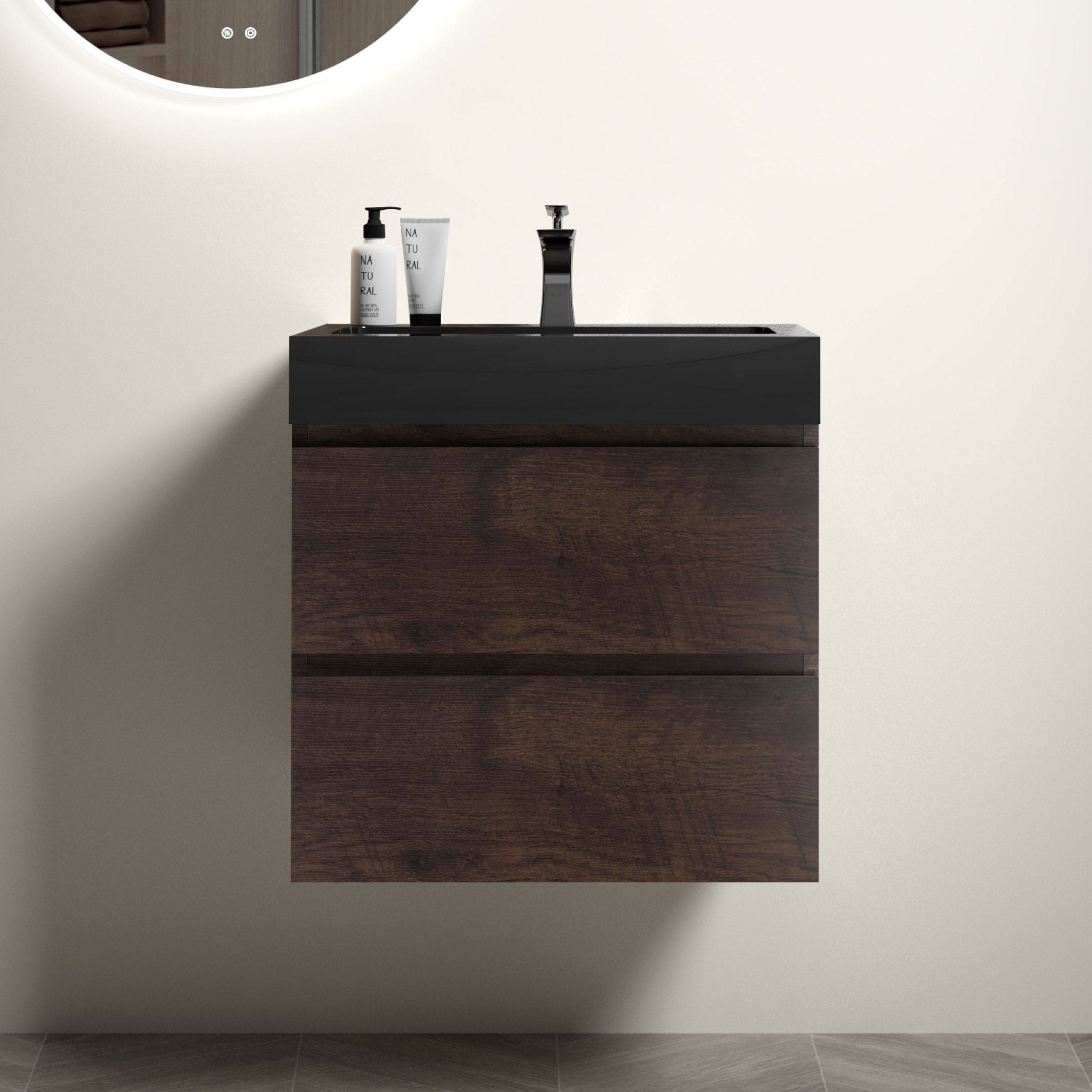 Alice 24" Walnut Bathroom Vanity with Sink, Large Storage Wall Mounted Floating Bathroom Vanity for Modern Bathroom, One-Piece Black Sink Basin without Drain and Faucet