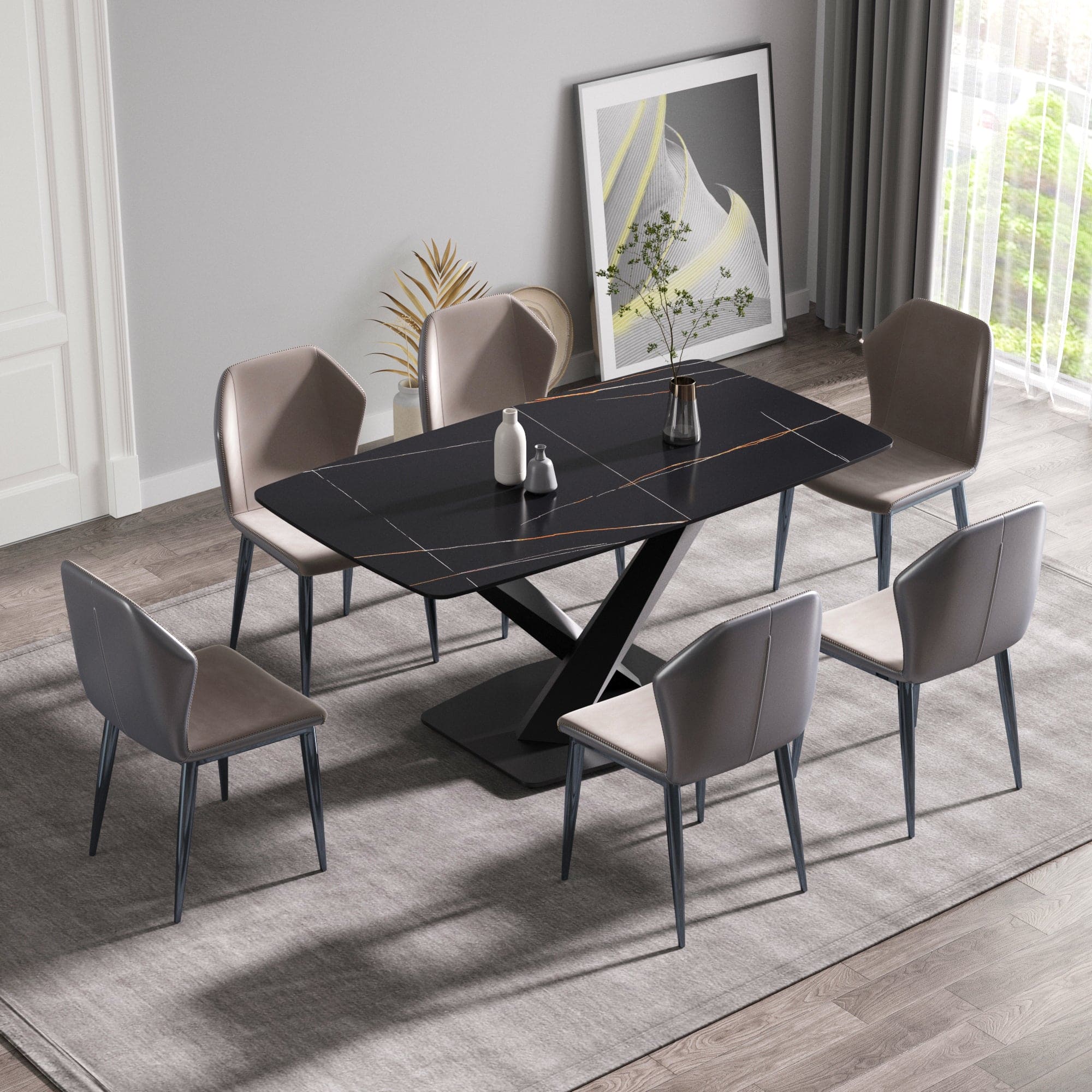 63"Modern artificial stone black curved black metal leg dining table -6 people