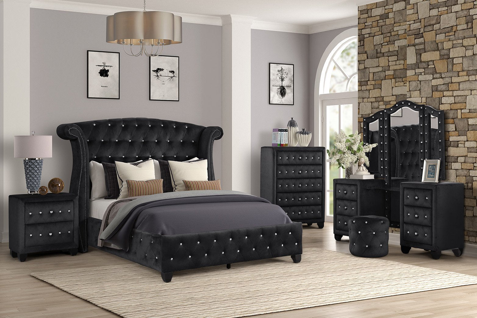 Sophia Full 4 Pc Vanity Upholstery Bedroom Set Made With Wood in Black