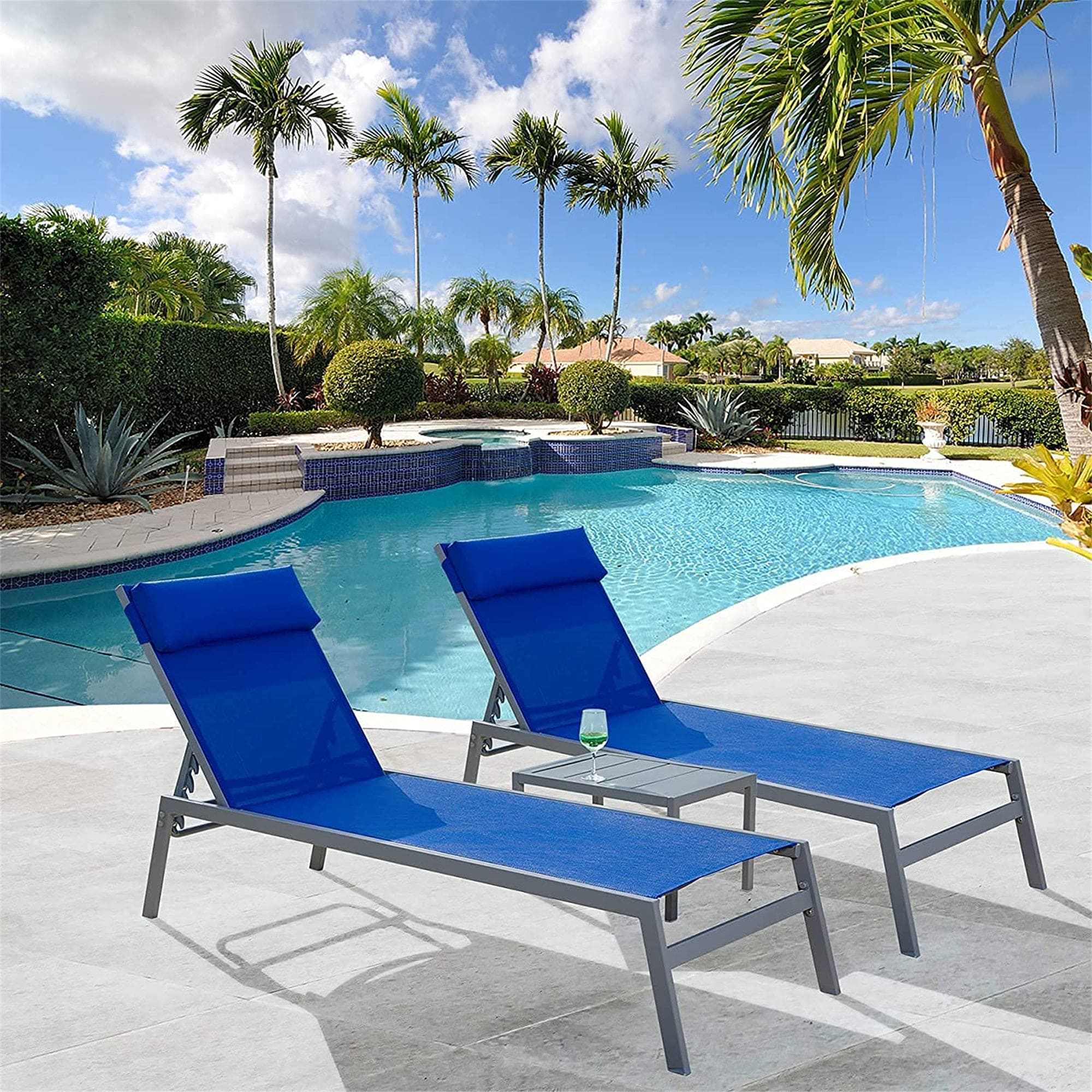 Patio Chaise Lounge Set, 3 Pieces Adjustable Backrest Pool Lounge Chairs Steel Textilene Sunbathing Recliner with Headrest (Blue.2 Lounge Chairs+1 Table)