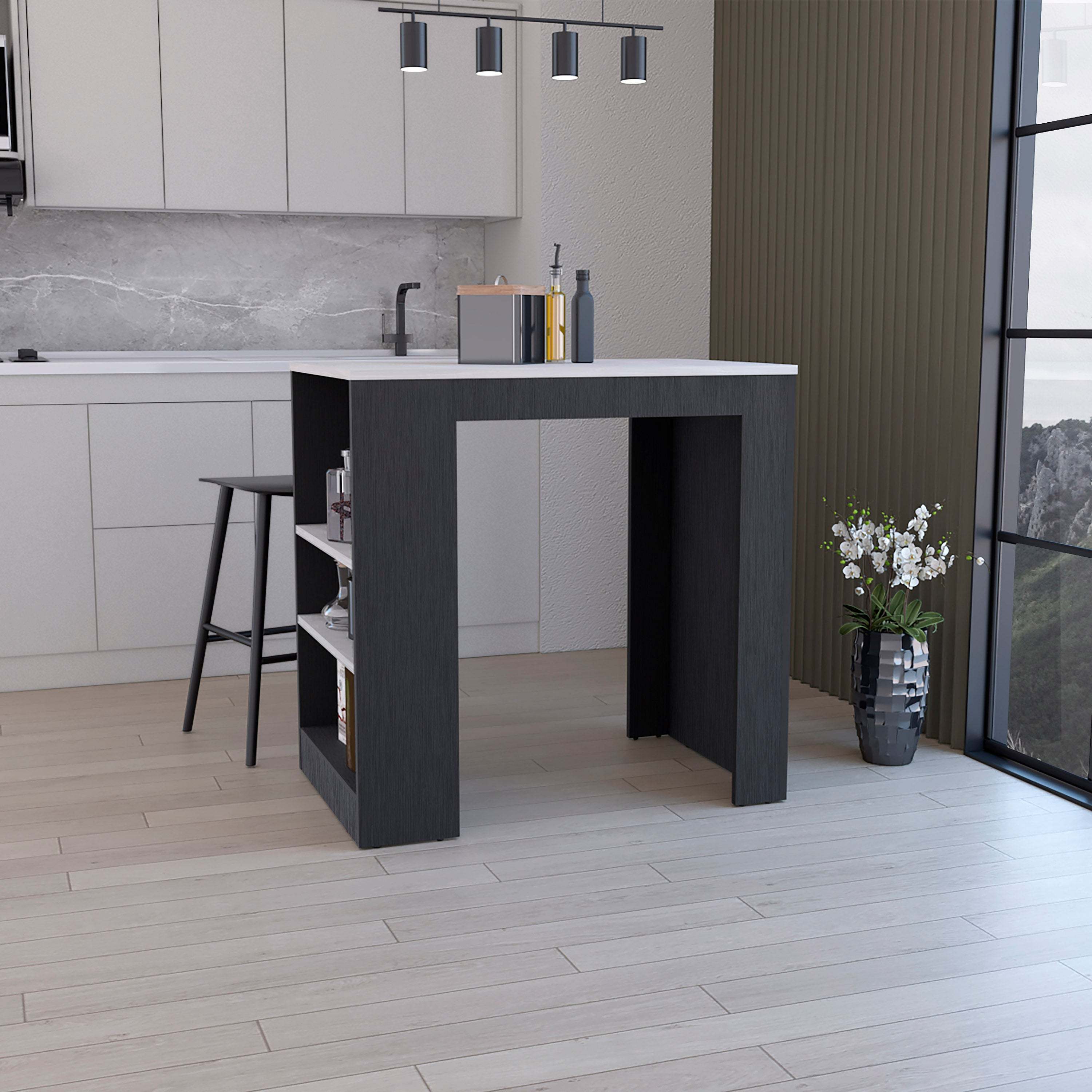 DEPOT E-SHOP Lacour Kitchen Island, Kitchen Bar Table with 3-Side Shelves, Black / Ibiza Marble