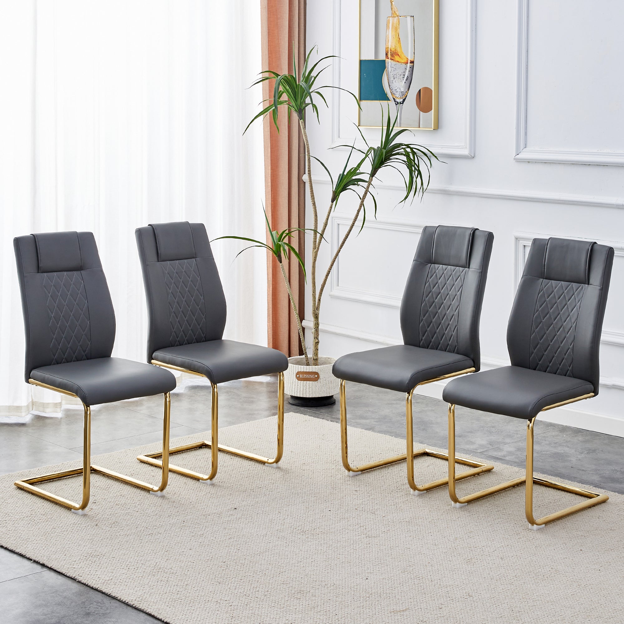 Modern dining chairs, restaurant chairs, and gold legged upholstered chairs made of artificial leather, suitable for kitchens, living rooms, bedrooms, and offices. Set of 4 pieces (gray+PU )C-001