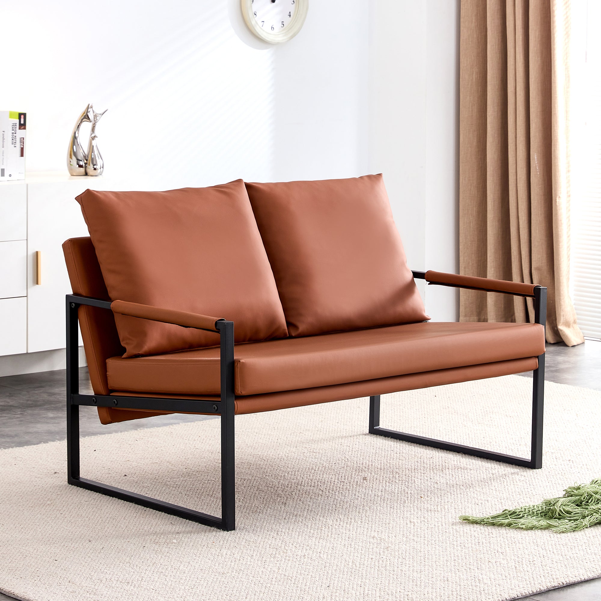 Modern Two-Seater Sofa Chair with 2 Pillows - PU Leather, High-Density Foam, Black Coated Metal Frame.BrownSF-D008-BR