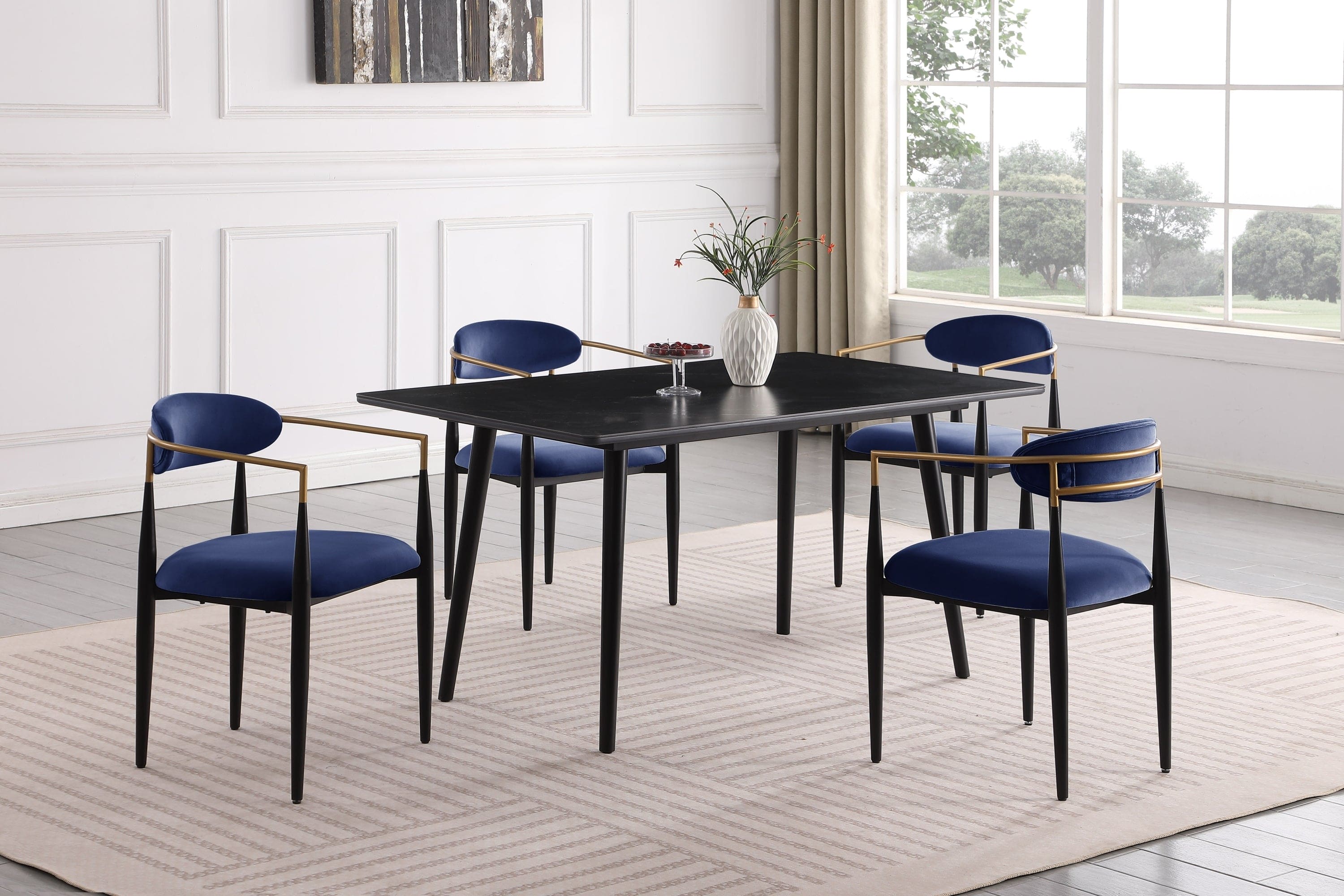 Modern Contemporary 5pc Dining Set Black Sintered Stone Table and Blue Chairs Fabric Upholstered Stylish Furniture