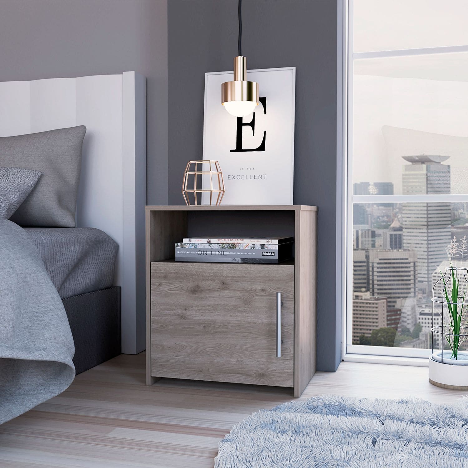 DEPOT E-SHOP Omaha Nightstand, Single Door Cabinet, Metal Handle, One Shelf, Superior Top, Light Gray