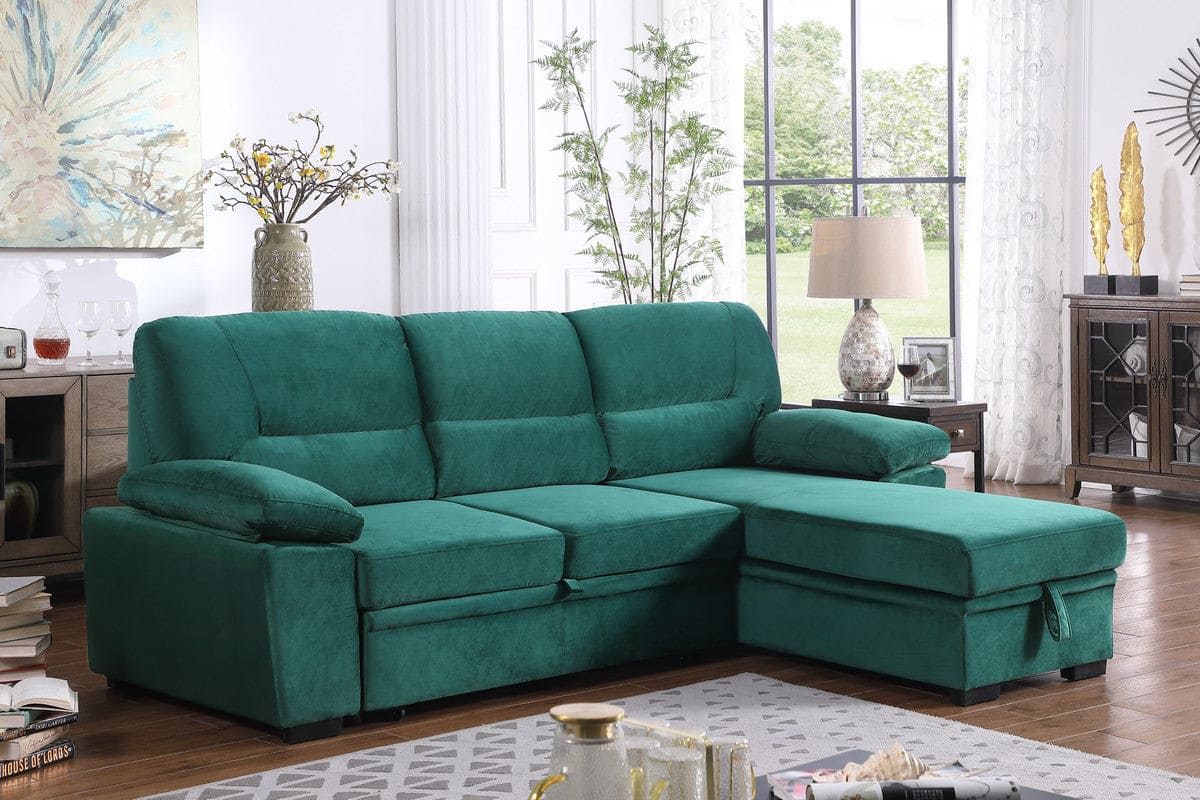 Kipling Green Velvet Fabric Reversible Sleeper Sectional Sofa Chaise