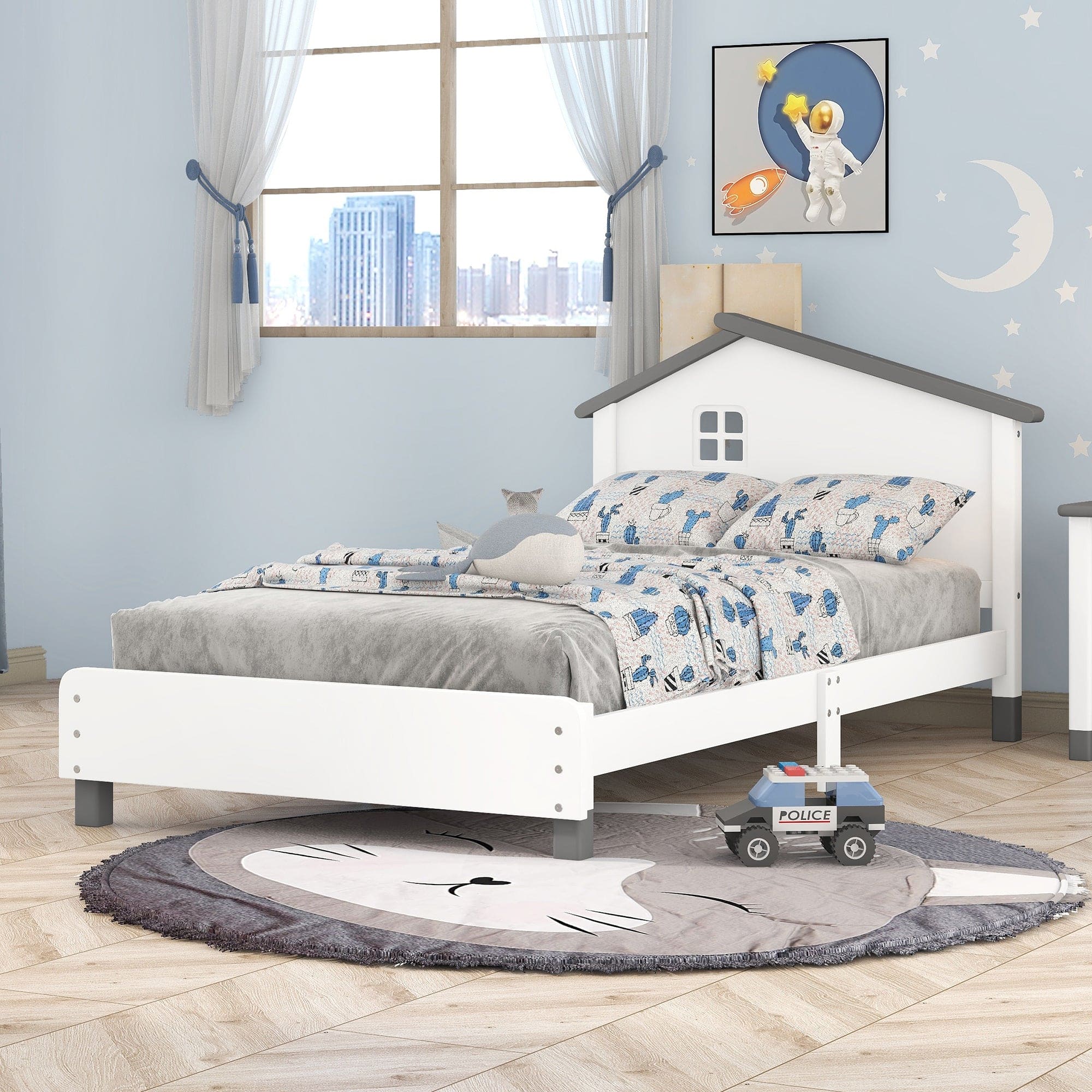 Twin Size Wood Platform Bed with House-shaped Headboard  (White+Gray)