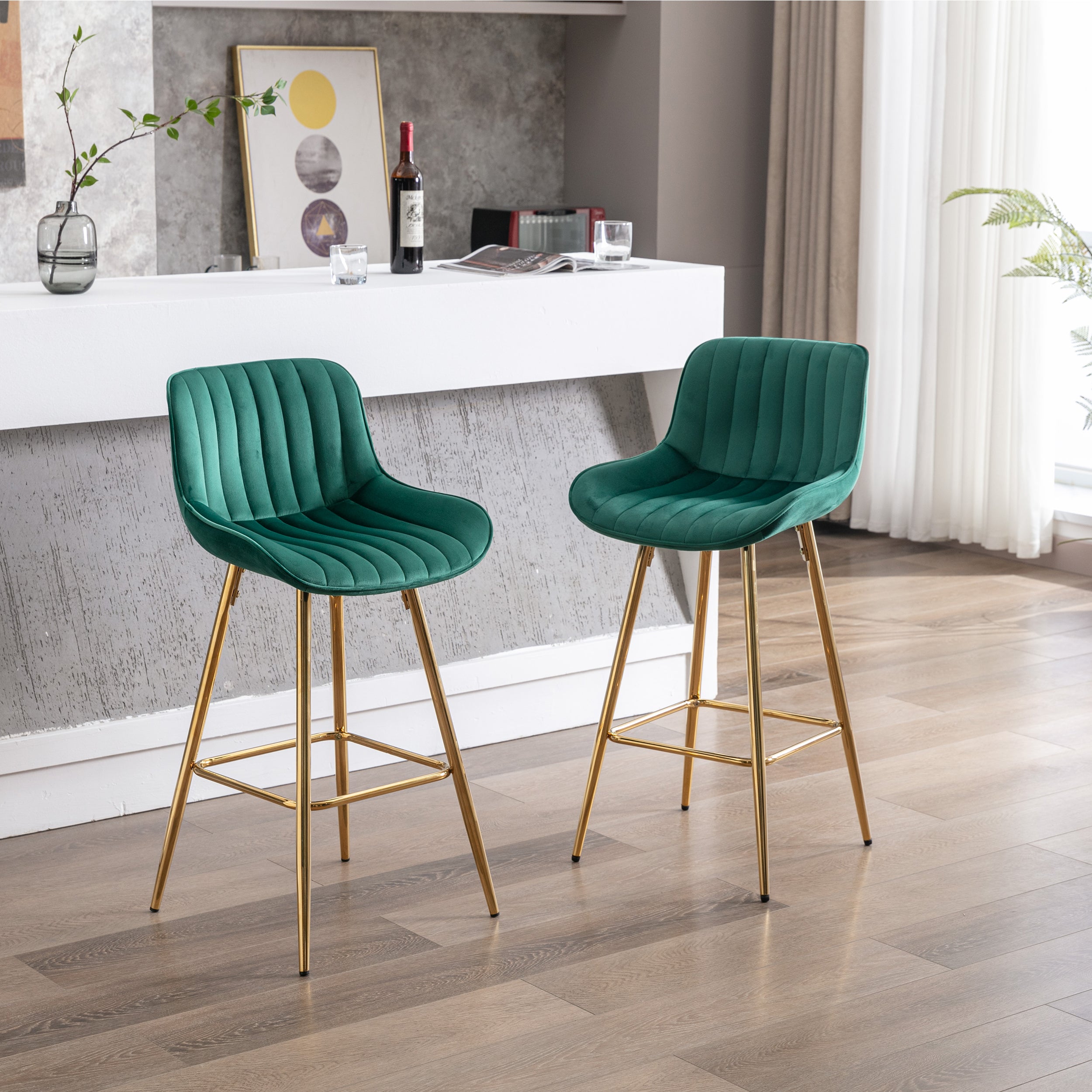 26 Inch Set of 2 Bar Stools,with Chrome Footrest Velvet Fabric Counter Stool Golden Leg Simple Bar Stool,GREEN