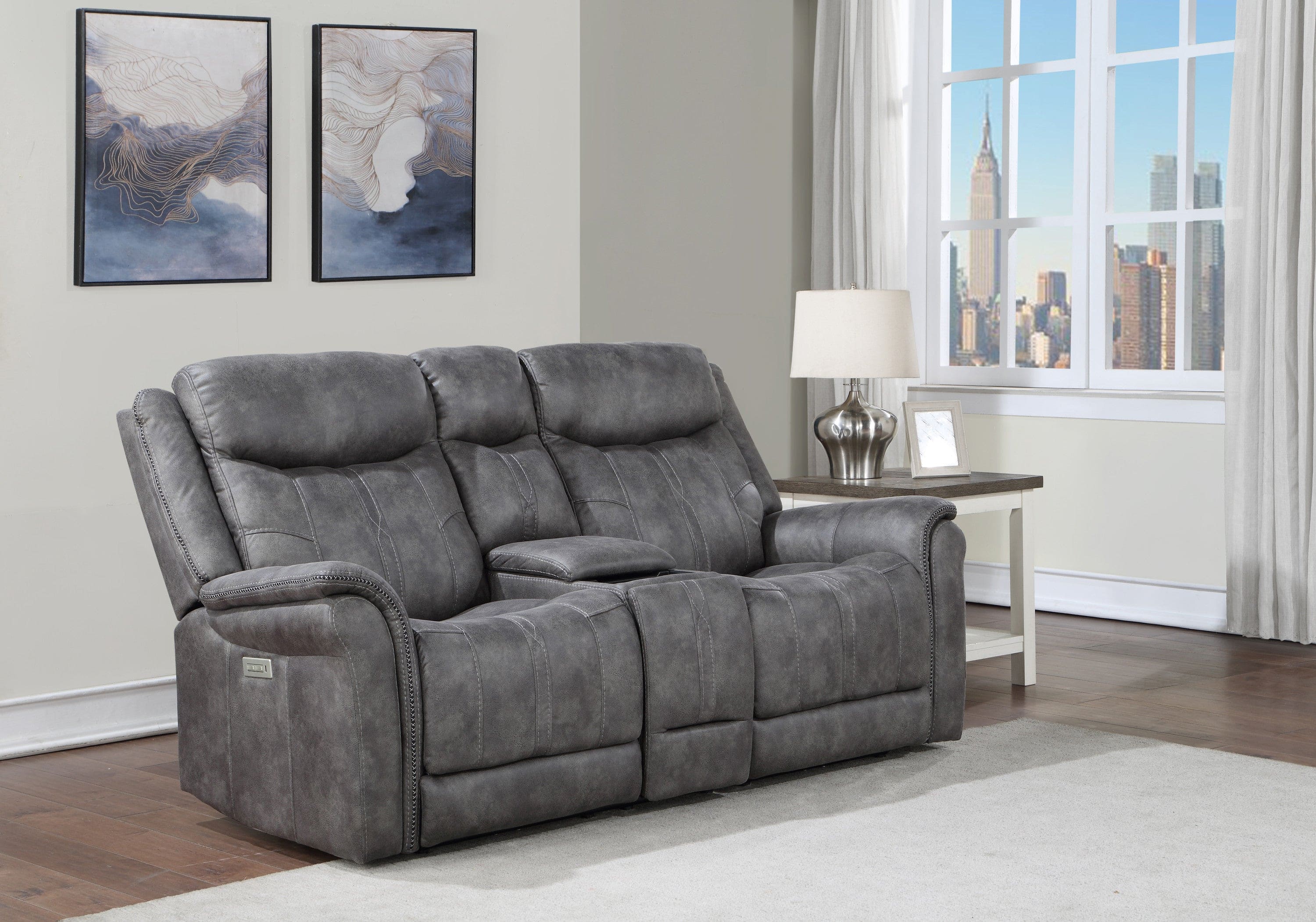 Transitional Console Loveseat - Gray Faux-Suede, Power Footrest, Power Headrest - Concealed Cupholders, Built-In Console - Comfortable and Durable Design