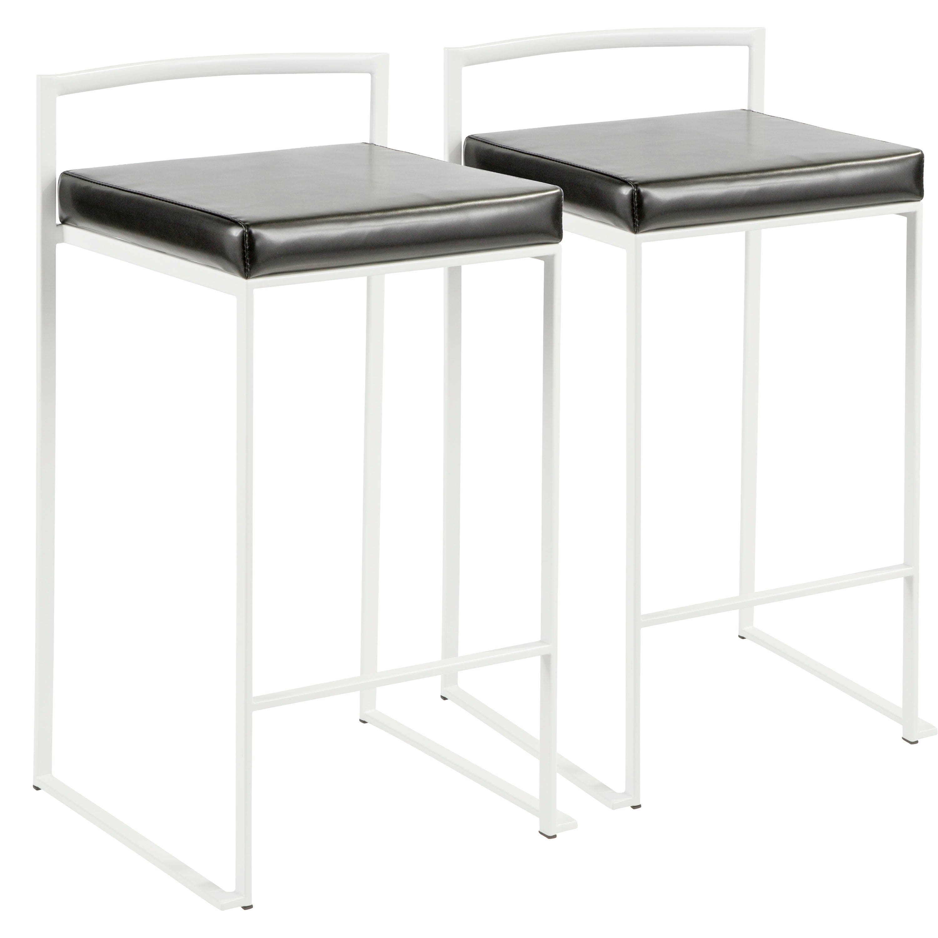 Fuji Contemporary Stackable Counter Stool in White with Black Faux Leather Cushion by LumiSource - Set of 2