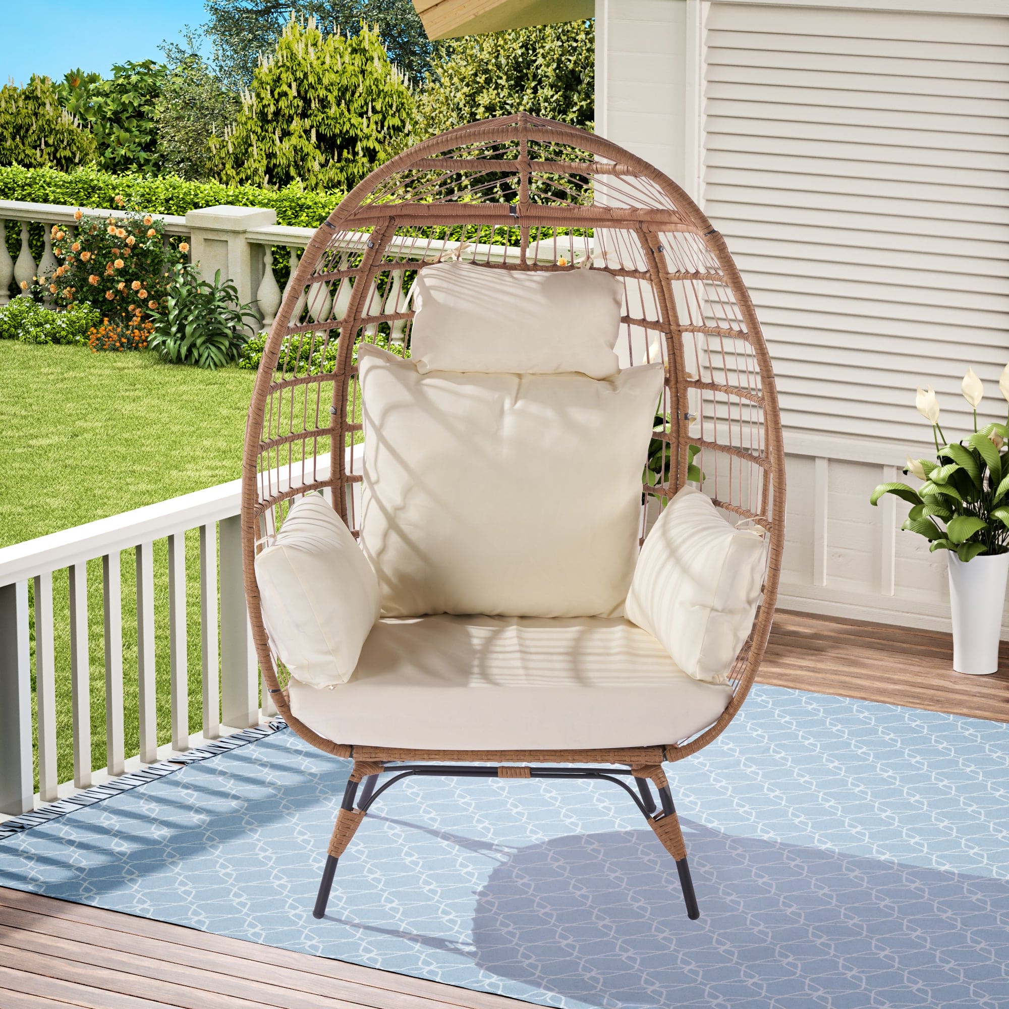 Wicker Egg Chair, Oversized Indoor Outdoor Lounger for Patio, Backyard, Living Room w/ 5 Cushions, Steel Frame, 440lb Capacity - Beige