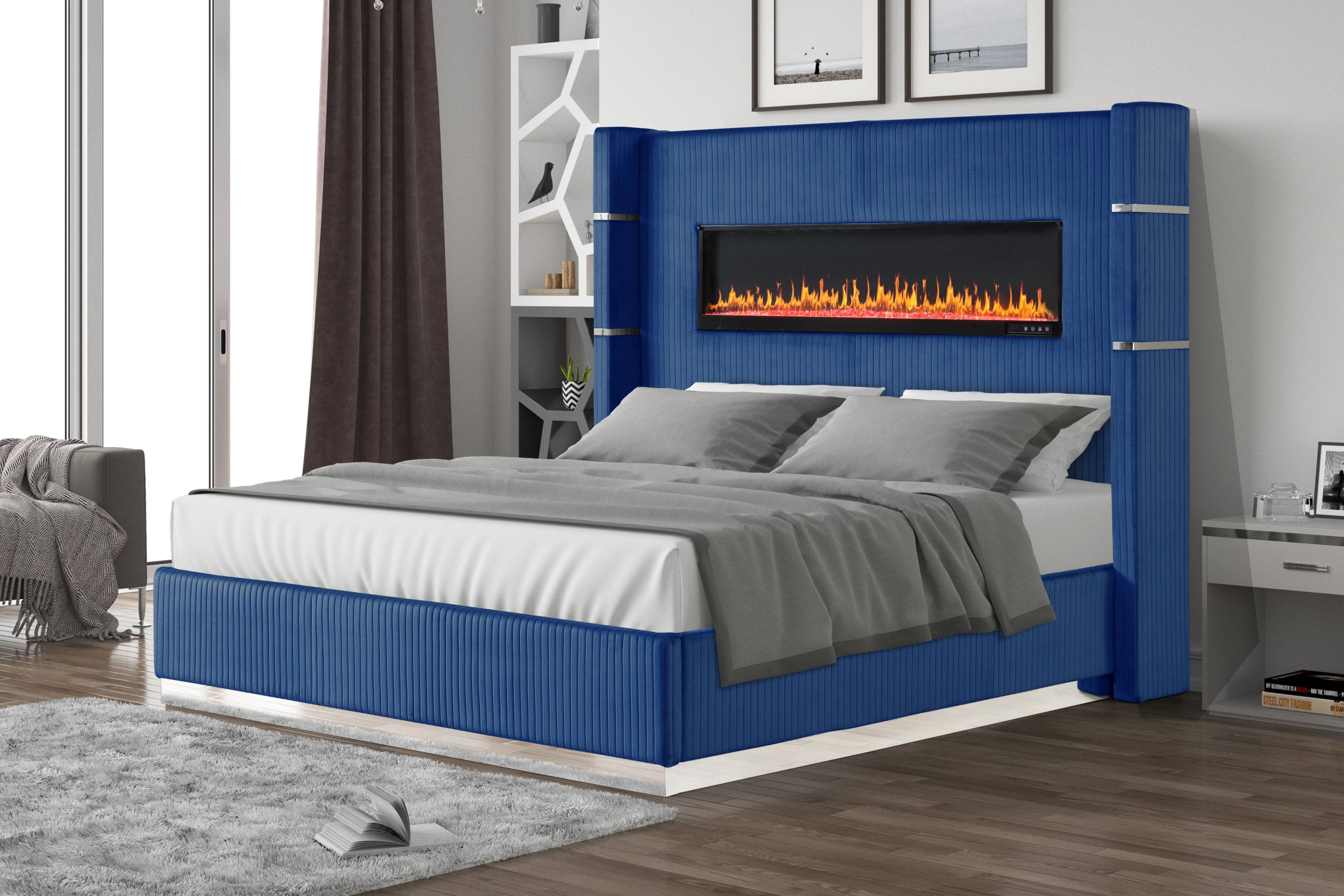 Lizelle Upholstery Wooden King Bed with Ambient lighting in Blue Velvet Finish