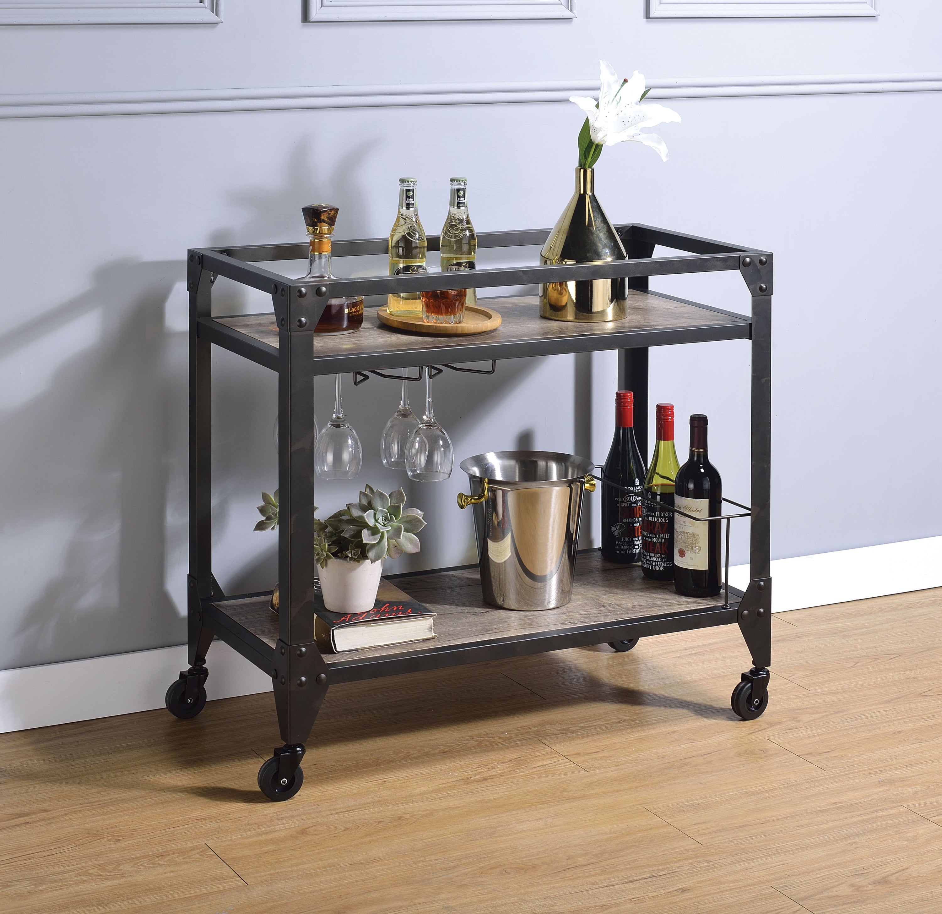 ACME Jorgensen Serving Cart, Rustic Oak & Charcoal 98355