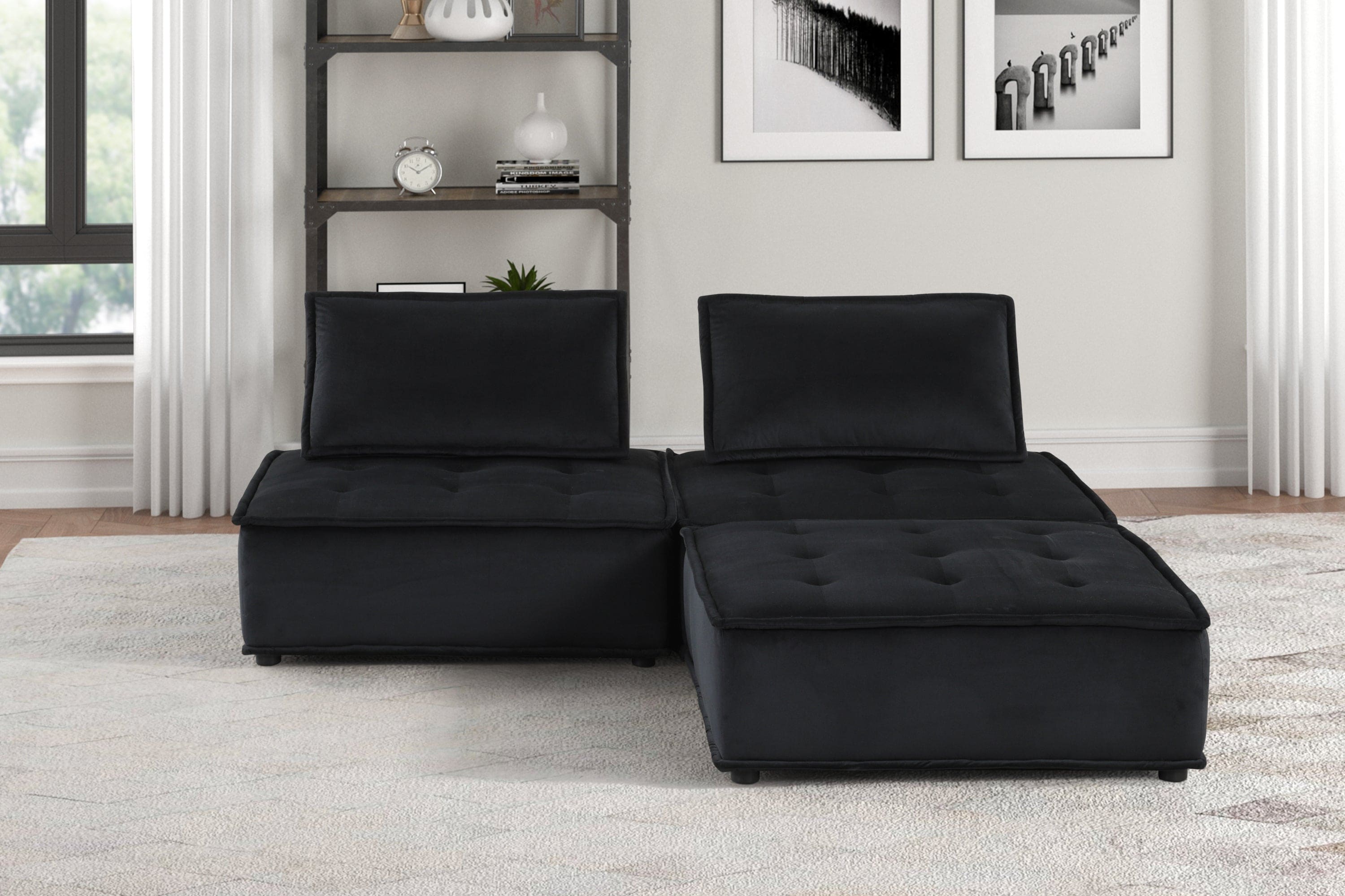 Anna Black Velvet 3 Pc Sectional Sofa Ottoman