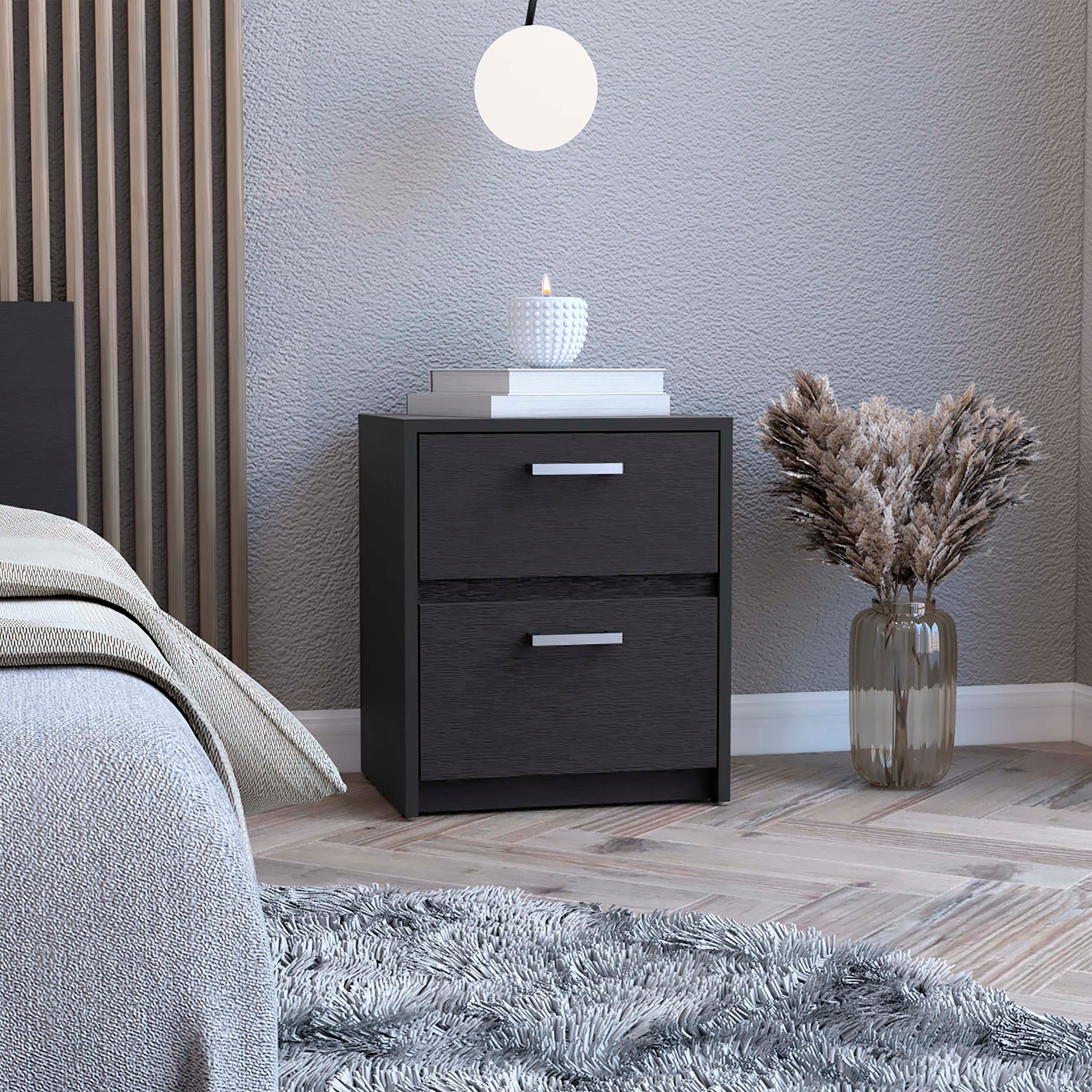 Trivor 2 Drawers Nightstand, Metal Handles -Black