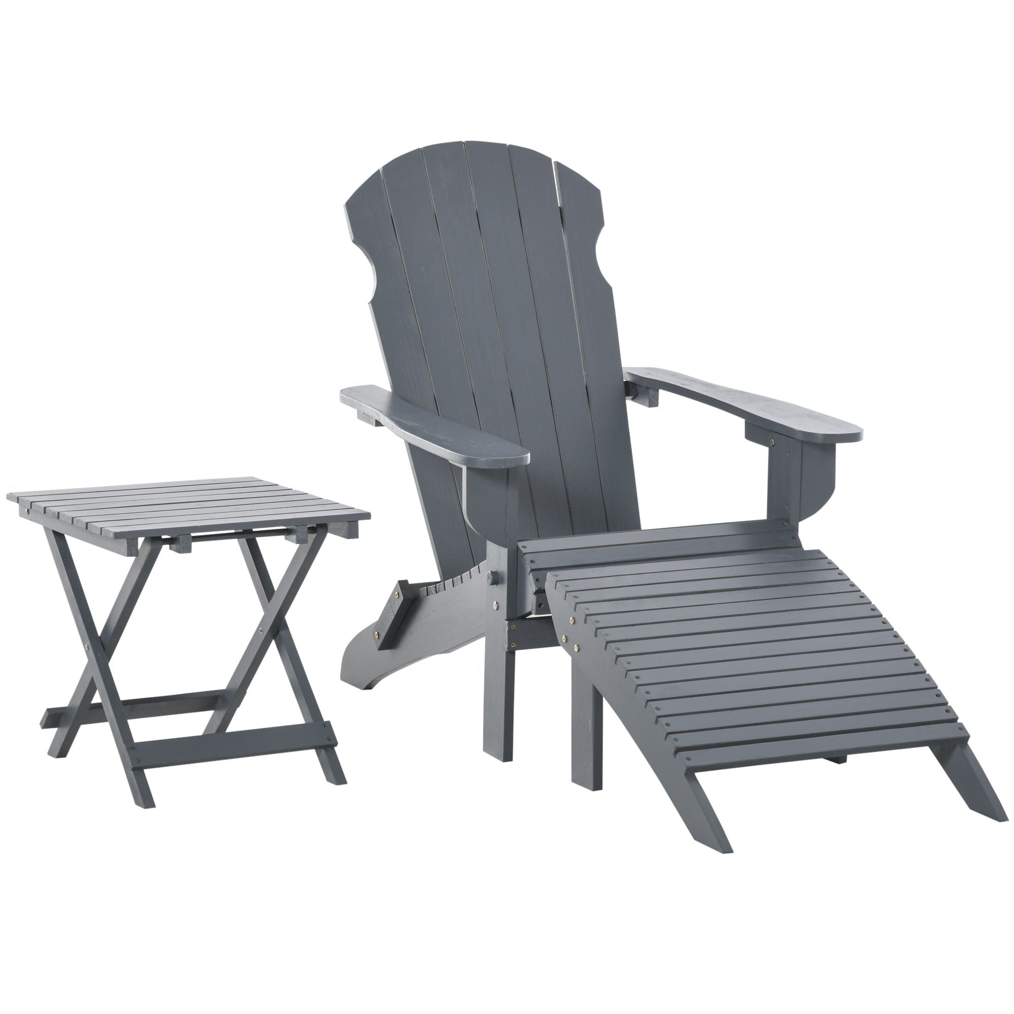 Outsunny 3-Piece Folding Adirondack Chair with Ottoman and Side Table, Outdoor Wooden Fire Pit Chairs w/ High-back, Wide Armrests for Patio, Backyard, Garden, Lawn Furniture, Gray