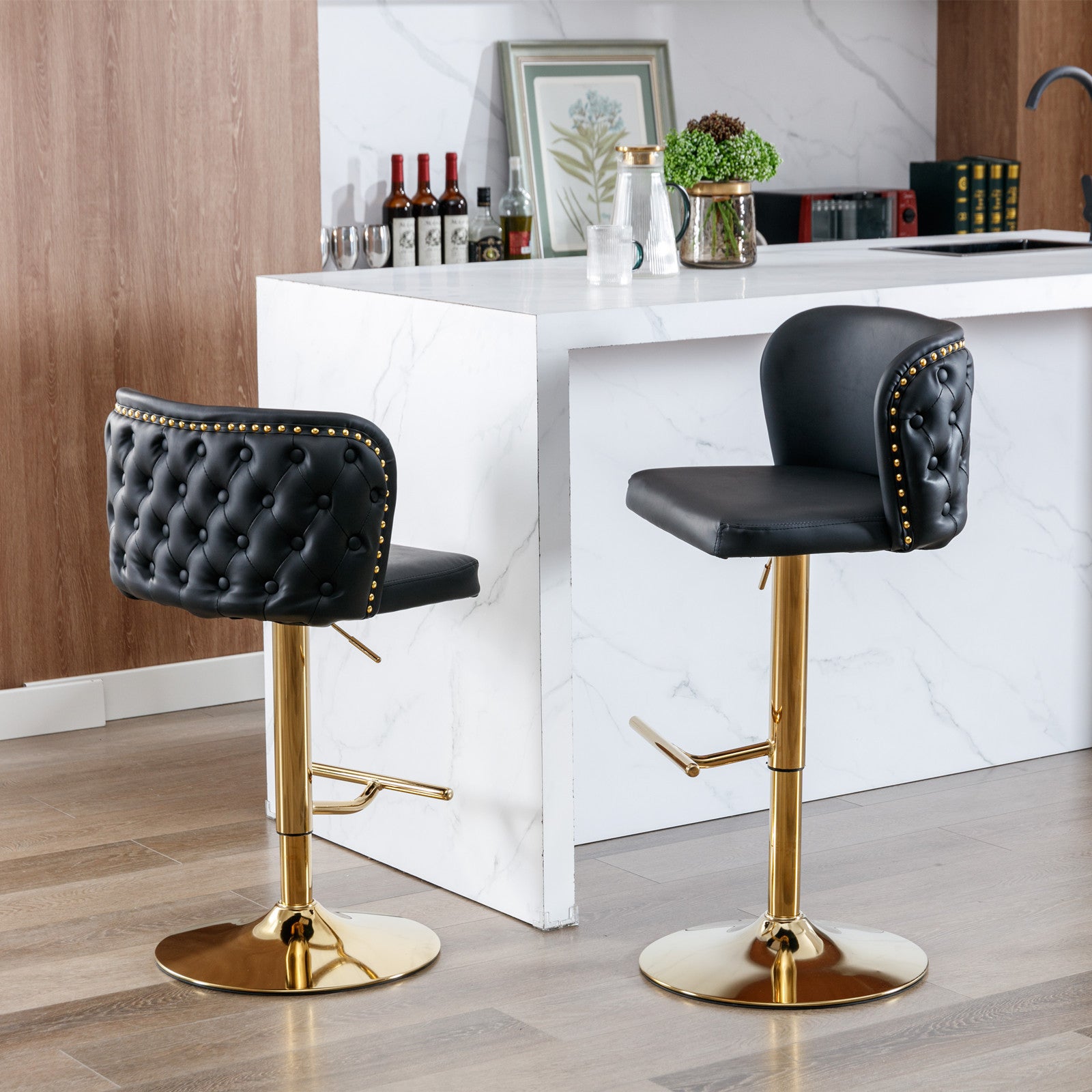 A&A Furniture,Swivel Barstools Adjusatble Seat Height, Modern PU Upholstered Bar Stools with  the whole Back Tufted, for Home Pub and Kitchen Island（Black, Set of 2）