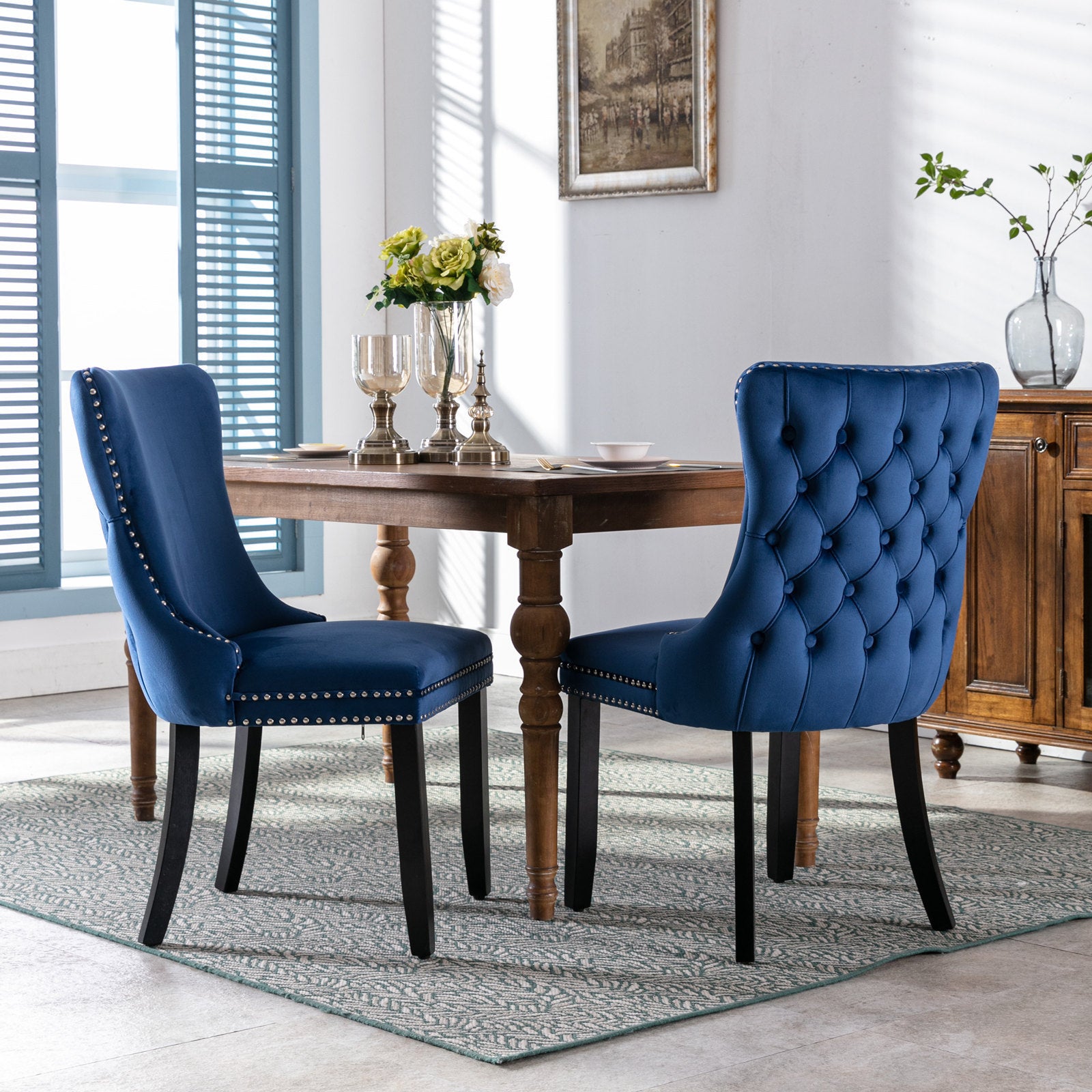 A&A Furniture,Upholstered Wing-Back Dining Chair with Backstitching Nailhead Trim and Solid Wood Legs,Set of 2, Blue,SW8809BL, KD